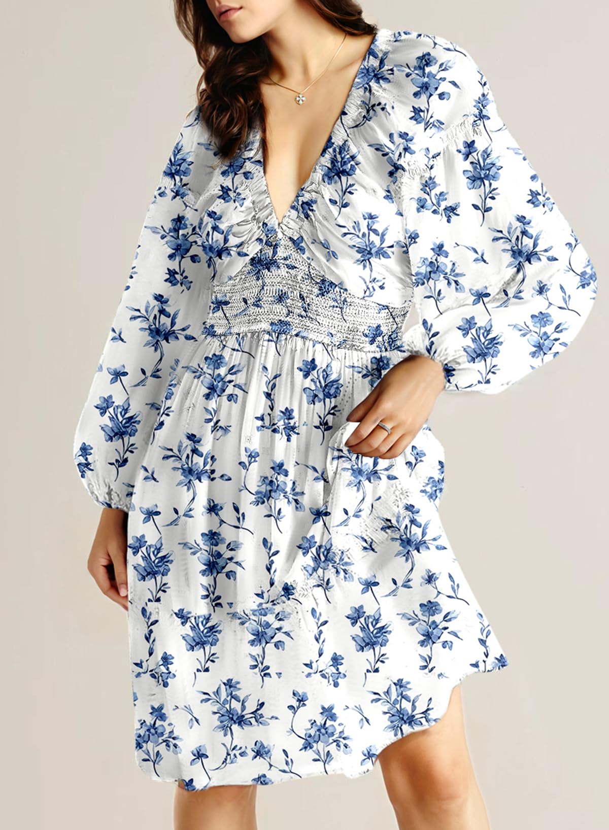 Dokotoo Fall Dresses for Women 2025 Boho Floral V Neck Long Sleeve Smocked Elastic Waist Casual A-Line Mini Dress Sundress