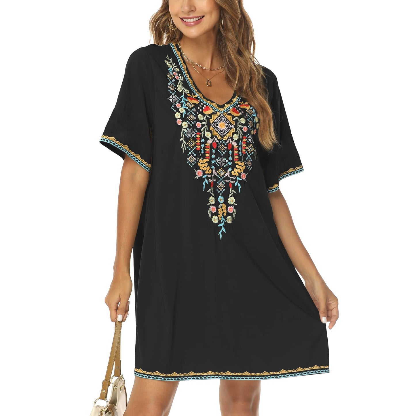 Grosy Women's Embroidered Mexican Peasant Dresses, Plus Size Fiesta Boho Dress for Women, Traditional Floral Bohemian Tunic