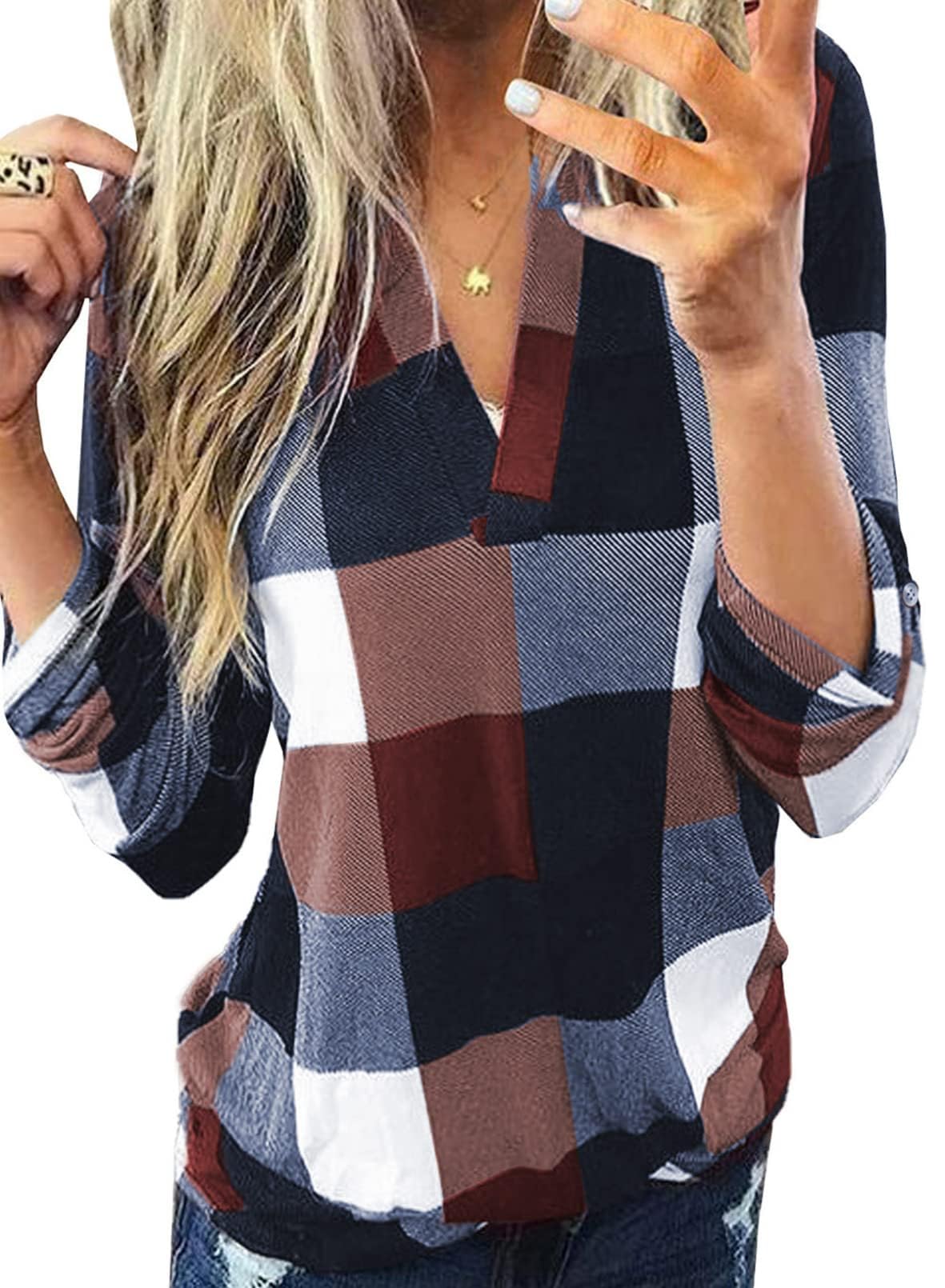 Dokotoo Womens Basic Casual V Neck Plaid Print Cuffed Long Sleeve Work Tops Blouses Shirts S-3XL