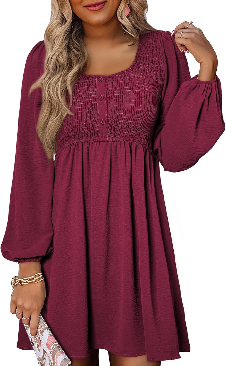 Dokotoo Womens 2025 Casual Dresses Smocked Crewneck Button Up Long Sleeve Empire Waist A-Line Mini Dress