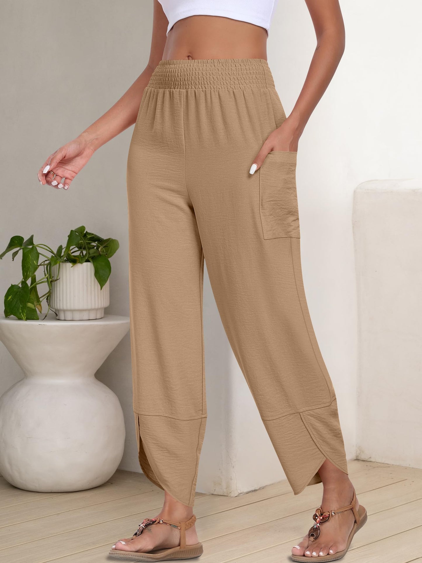ANRABESS Womens Wide Leg Palazzo Capri Pants 2025 Summer Casual Loose High Waisted Lounge Flowy Cropped Beach Work Trousers