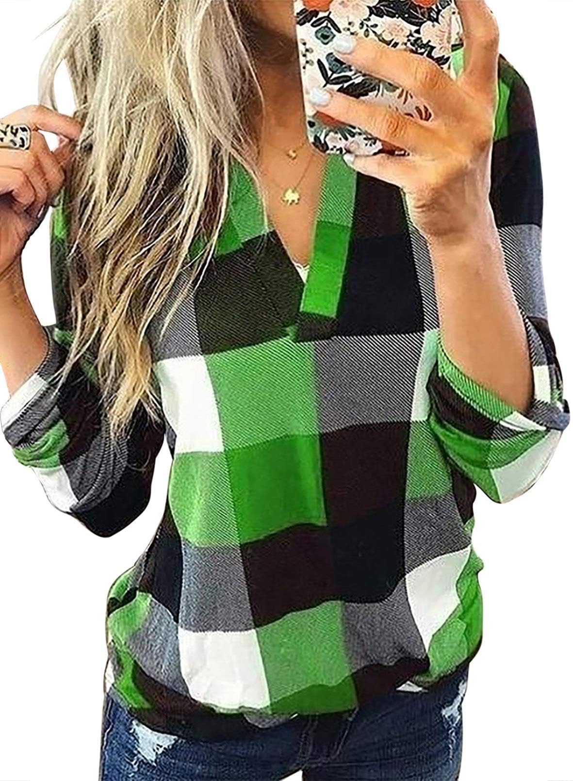 Dokotoo Womens Basic Casual V Neck Plaid Print Cuffed Long Sleeve Work Tops Blouses Shirts S-3XL