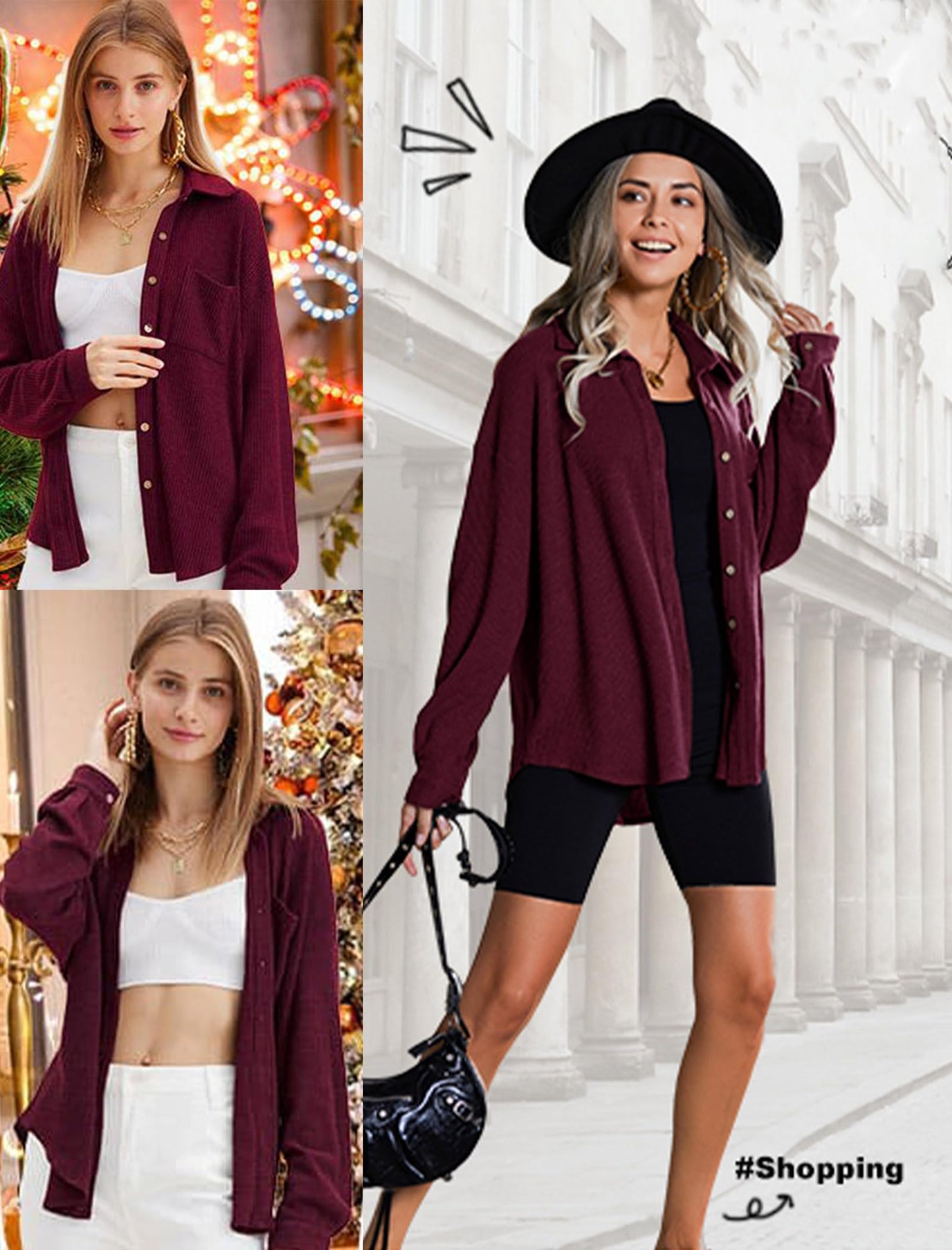 HOTOUCH Waffle Button Down Shirts for Women Dressy Casual Work Shacket V Neck Long Sleeve Lightweight Tops with Pocket