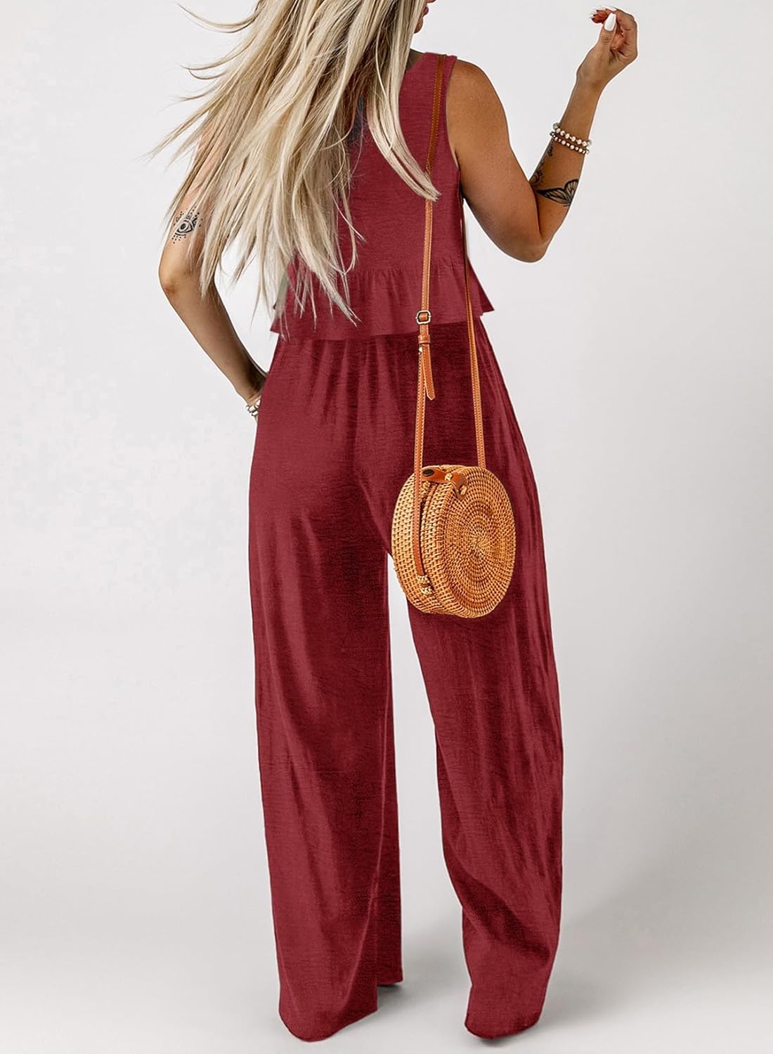 Dokotoo Pants Sets Women 2 Piece Outfits Sleeveless Round Neck Tank Tops Matching Sets for Women Elastic Waist Wide Leg