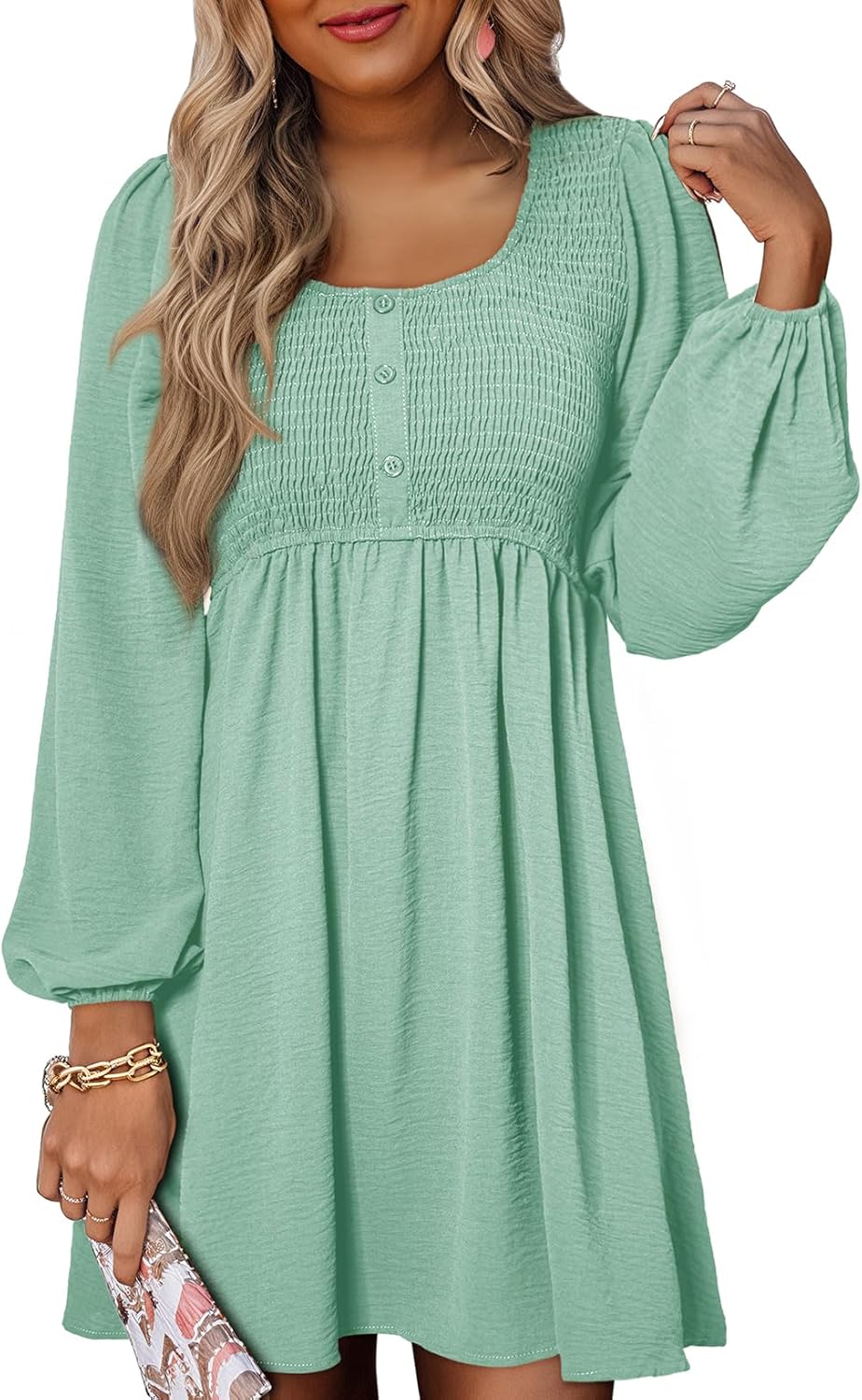 Dokotoo Womens 2025 Casual Dresses Smocked Crewneck Button Up Long Sleeve Empire Waist A-Line Mini Dress
