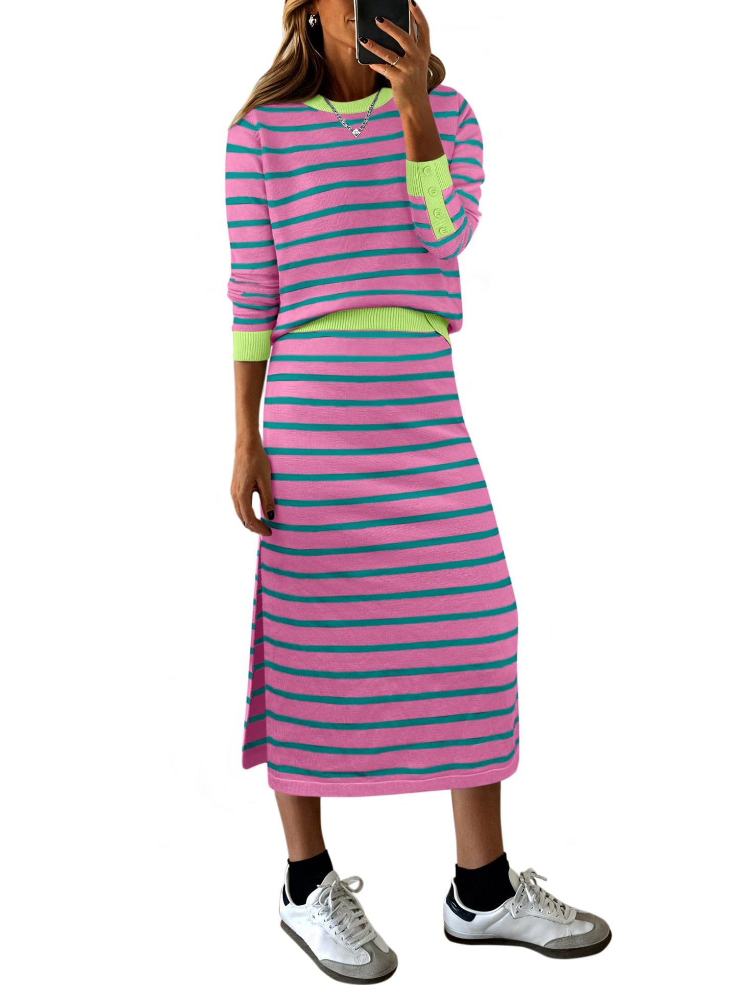 ANRABESS 2 Piece Skirts Sets For Women Fall Fashion 2025 Striped Sweater Midi Dress Knit Lounge Travel Outfits Winter Clothes