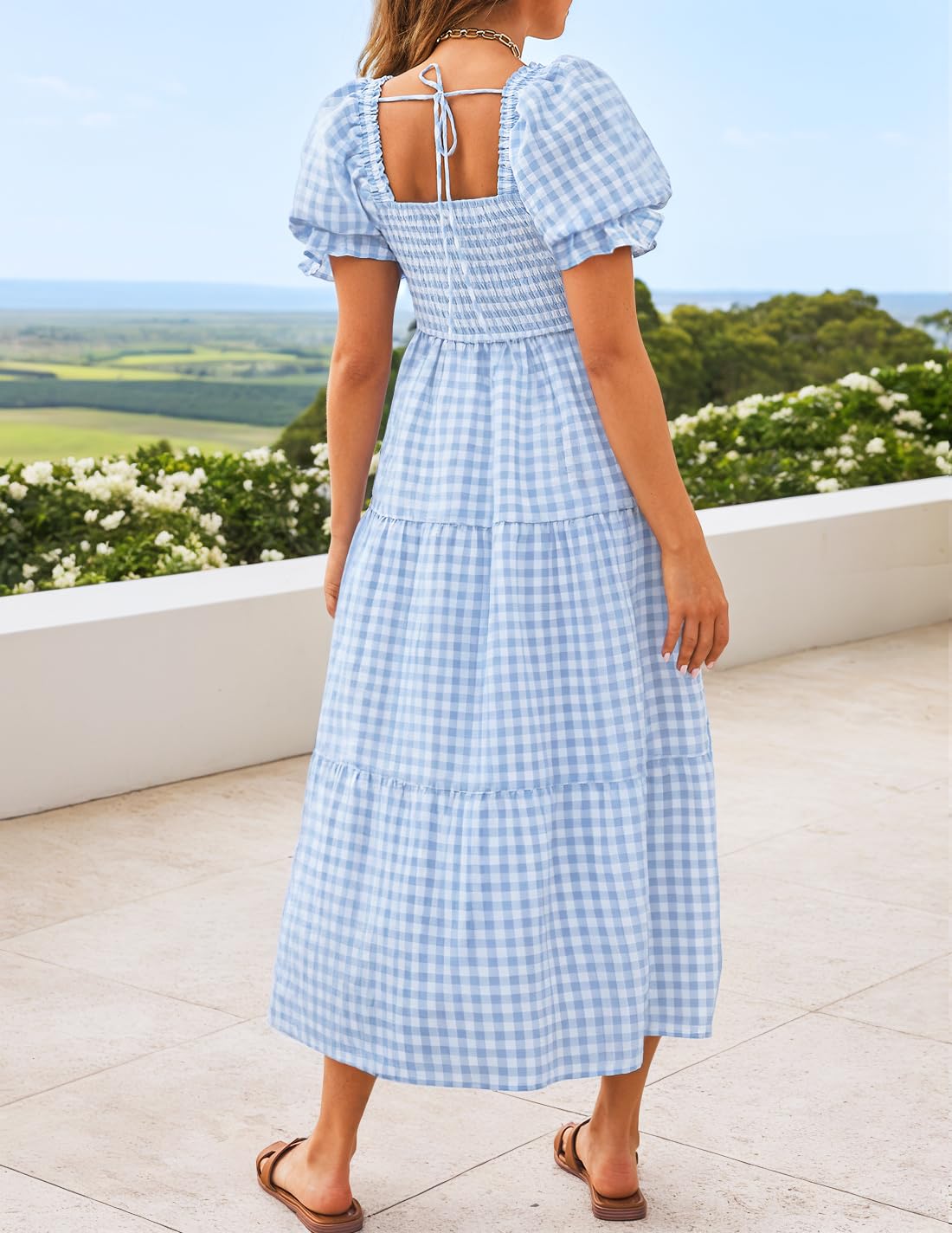 ZESICA Women's 2025 Bohemian Summer Plaid Square Neck Puff Sleeve Ruffle Flowy Beach Midi Dress