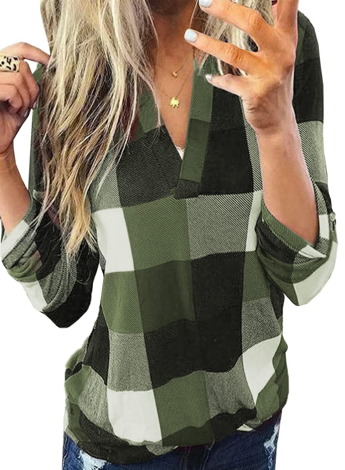Dokotoo Womens Basic Casual V Neck Plaid Print Cuffed Long Sleeve Work Tops Blouses Shirts S-3XL
