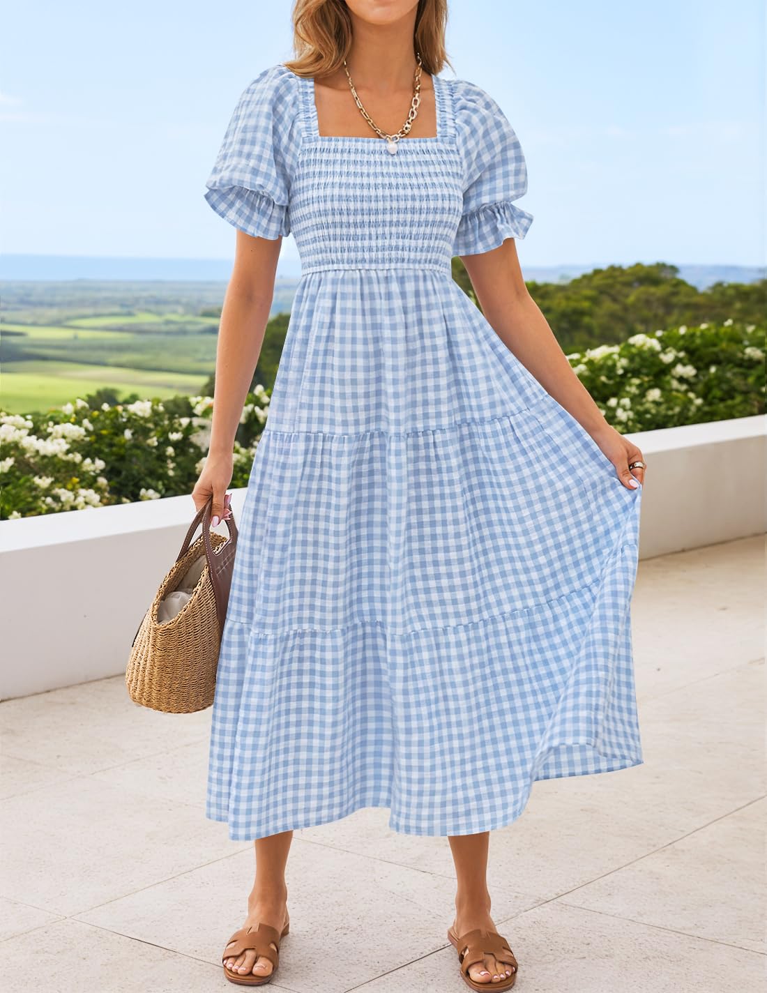 ZESICA Women's 2025 Bohemian Summer Plaid Square Neck Puff Sleeve Ruffle Flowy Beach Midi Dress
