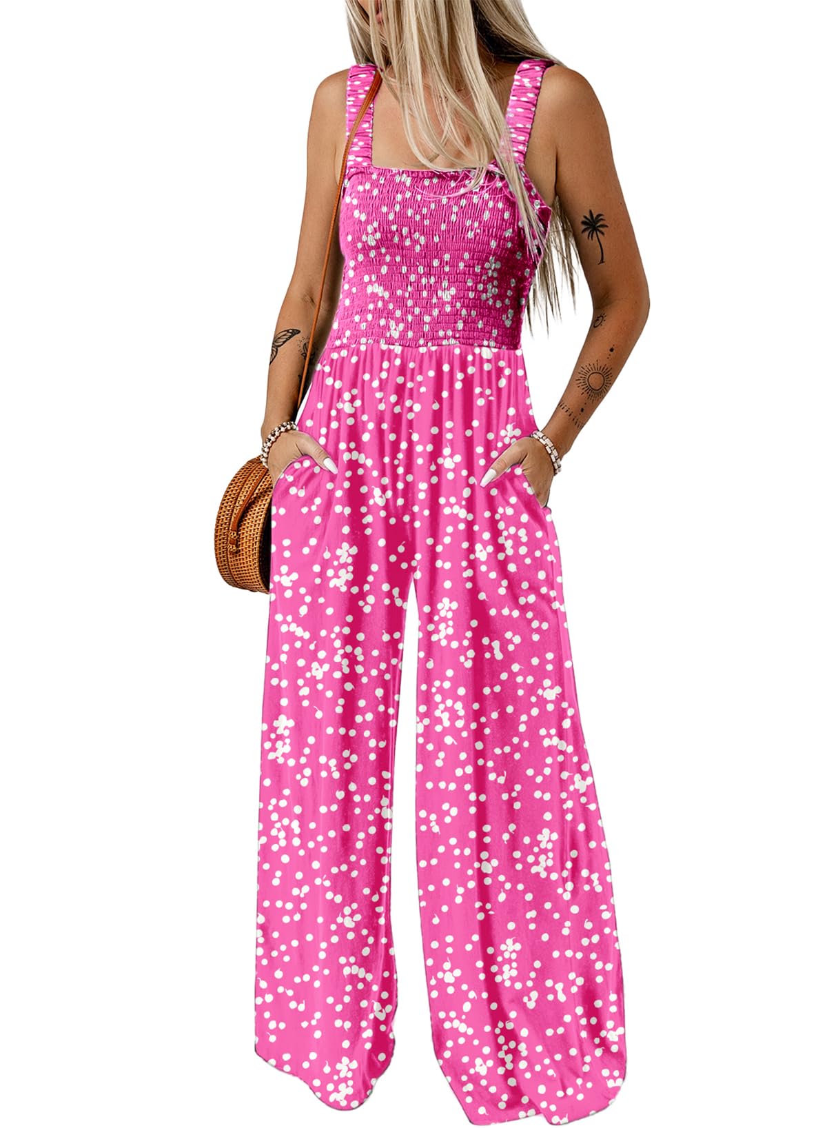 Dokotoo Women's Casual Loose Overalls Jumpsuits One Piece Sleeveless Printed Wide Leg Long Pant Rompers With Pockets