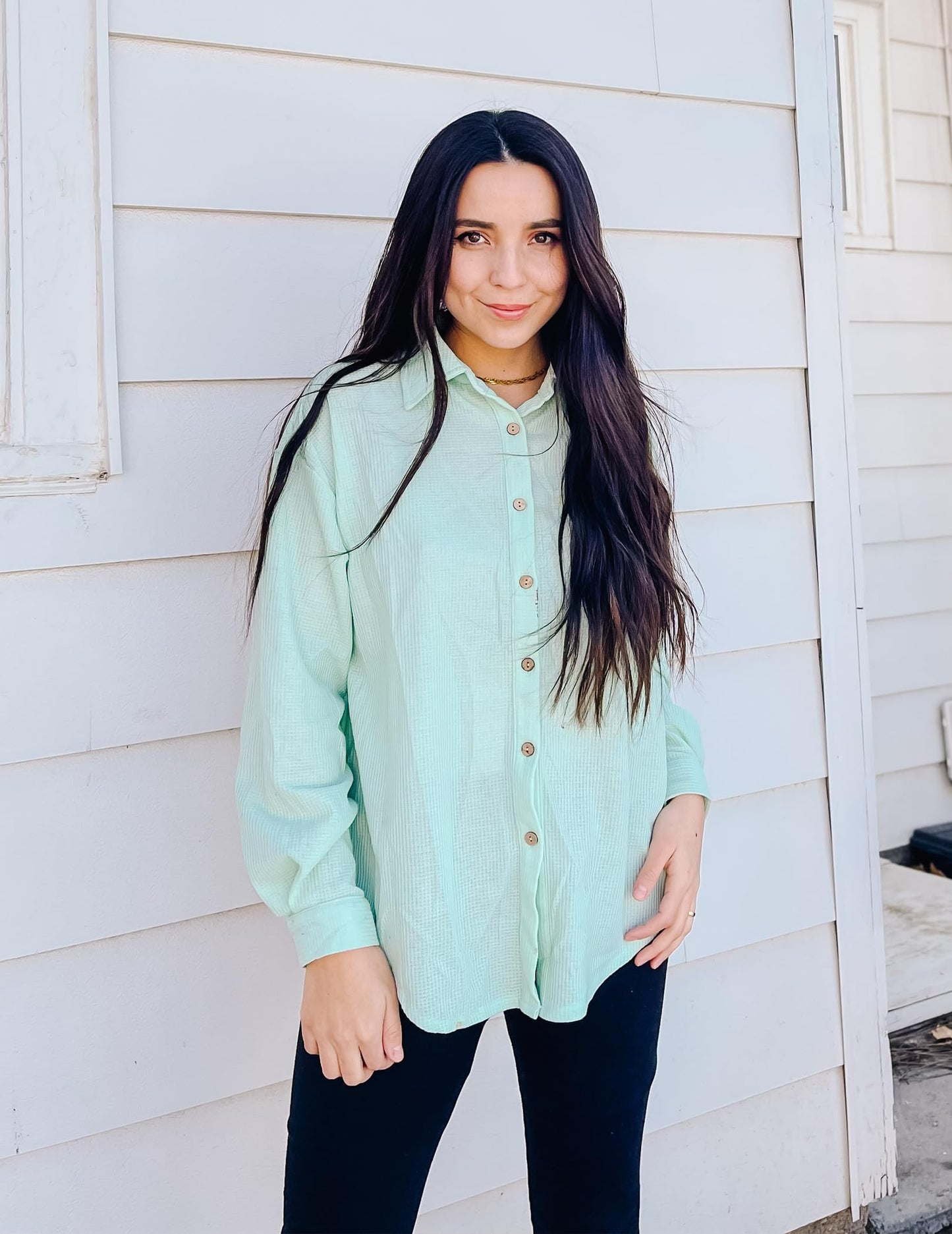 HOTOUCH Waffle Button Down Shirts for Women Dressy Casual Work Shacket V Neck Long Sleeve Lightweight Tops with Pocket
