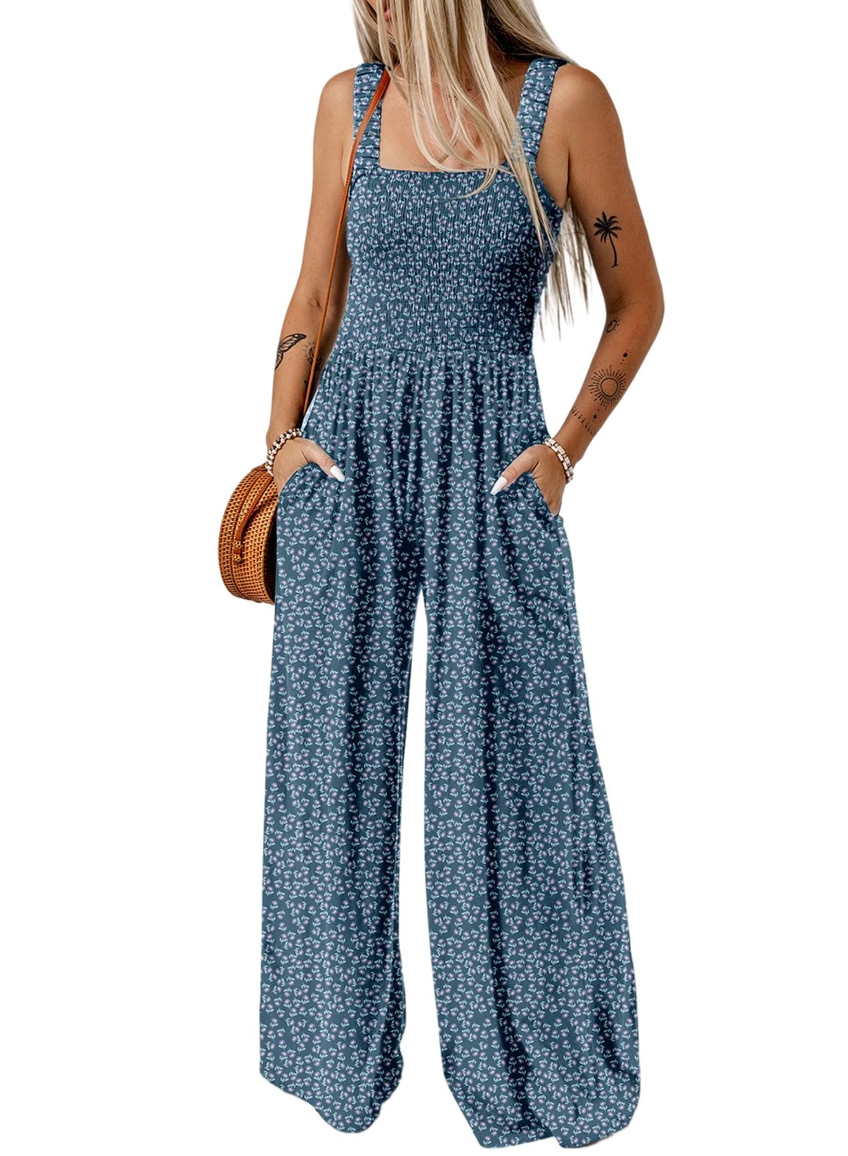 Dokotoo Women's Casual Loose Overalls Jumpsuits One Piece Sleeveless Printed Wide Leg Long Pant Rompers With Pockets