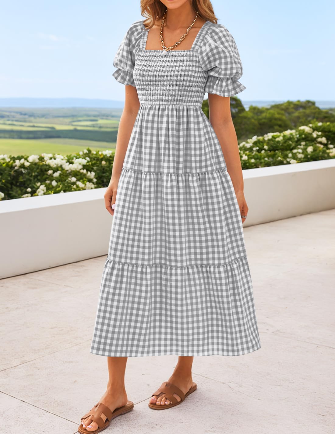 ZESICA Women's 2025 Bohemian Summer Plaid Square Neck Puff Sleeve Ruffle Flowy Beach Midi Dress