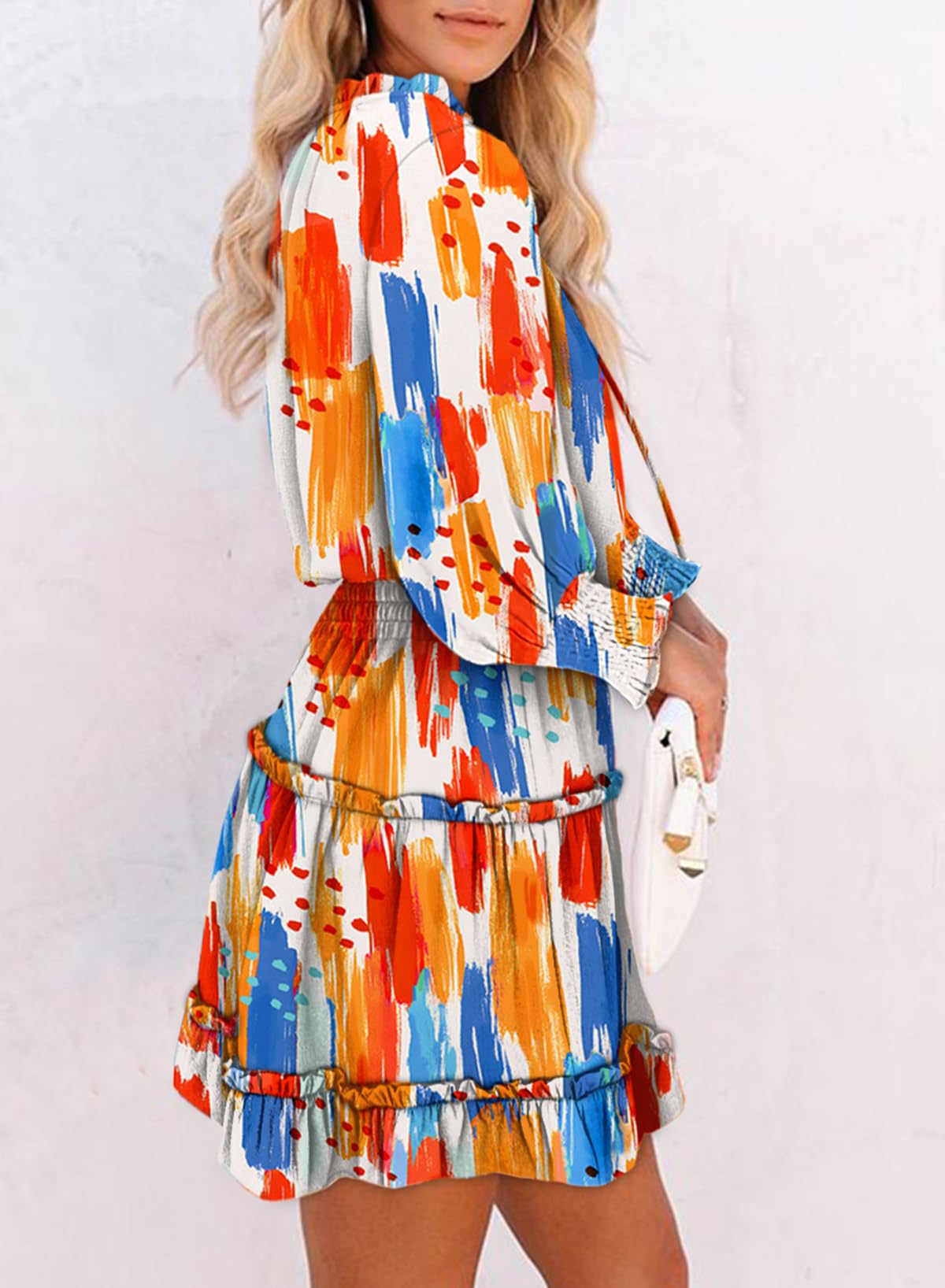 Dokotoo Fall Dresses for Women 2025 Boho Floral Drawstring V Neck Smocked Long Sleeve Ruffle Tiered Chiffon Mini Dress