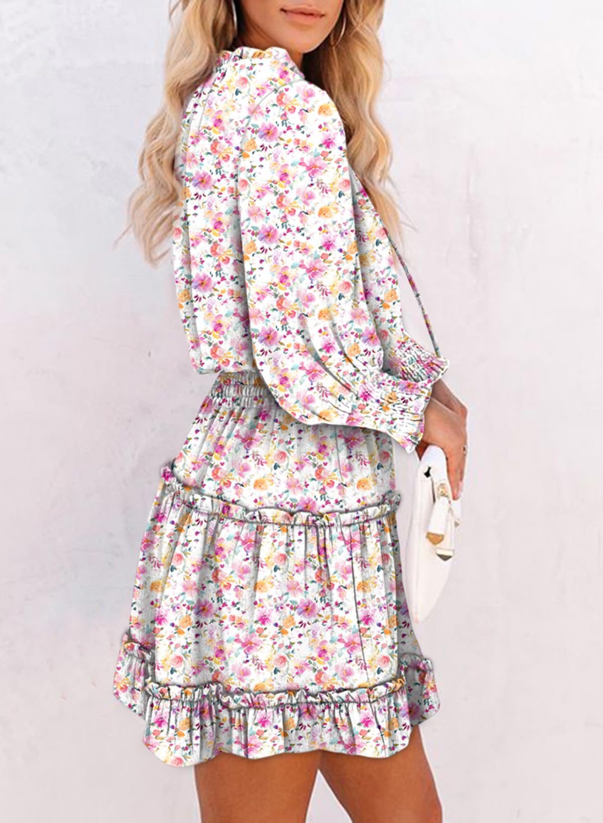 Dokotoo Fall Dresses for Women 2025 Boho Floral Drawstring V Neck Smocked Long Sleeve Ruffle Tiered Chiffon Mini Dress