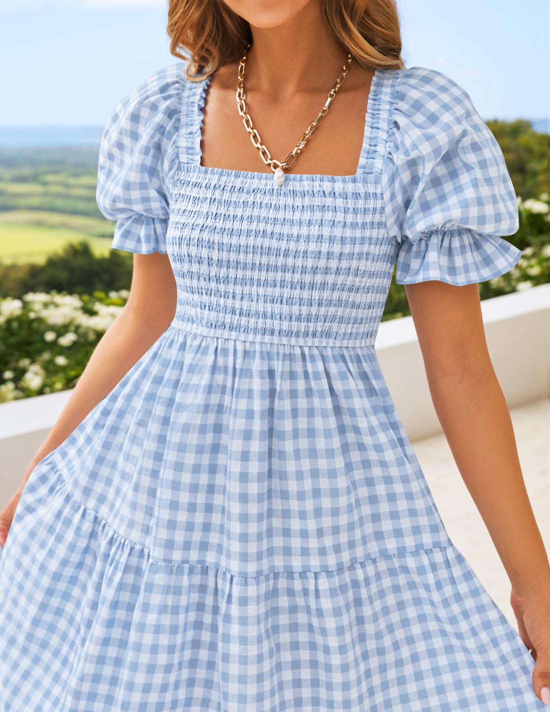 ZESICA Women's 2025 Bohemian Summer Plaid Square Neck Puff Sleeve Ruffle Flowy Beach Midi Dress