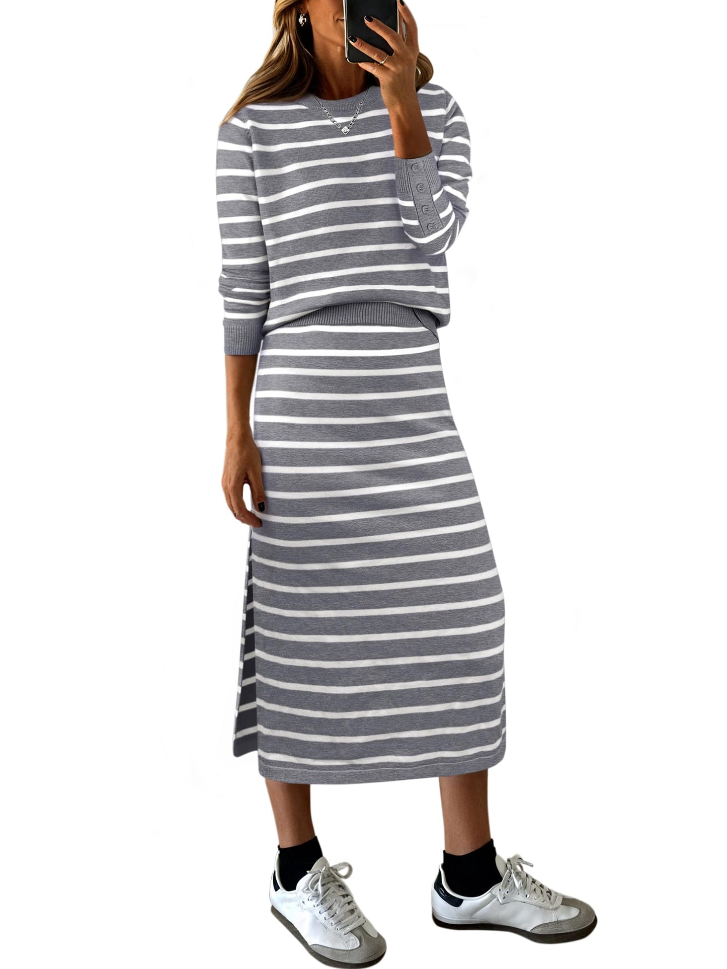 ANRABESS 2 Piece Skirts Sets For Women Fall Fashion 2025 Striped Sweater Midi Dress Knit Lounge Travel Outfits Winter Clothes