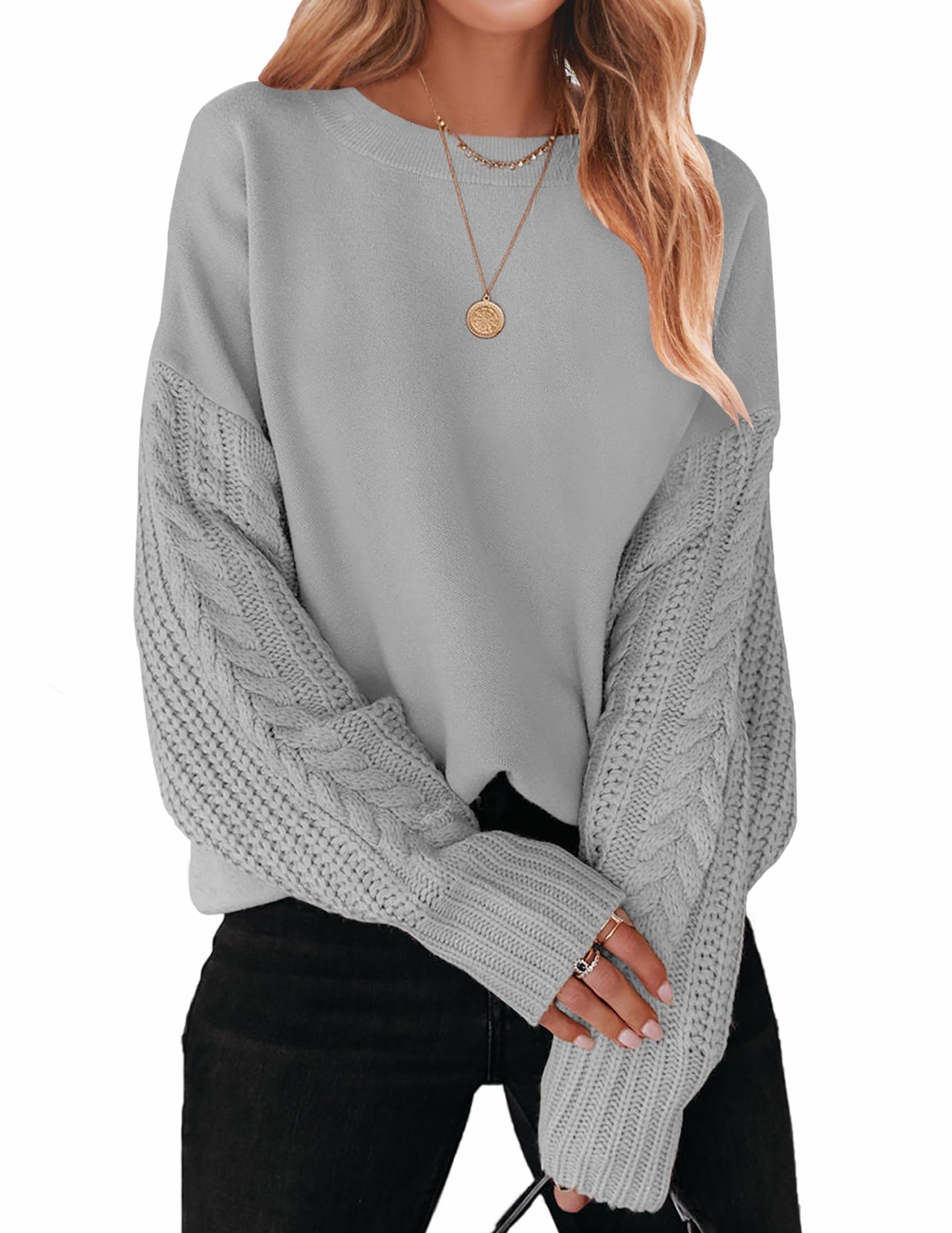 ZESICA Women's Fall Long Sleeve Crew Neck Solid Color Cable Knit Chunky Casual Oversized Pullover Sweater Tops