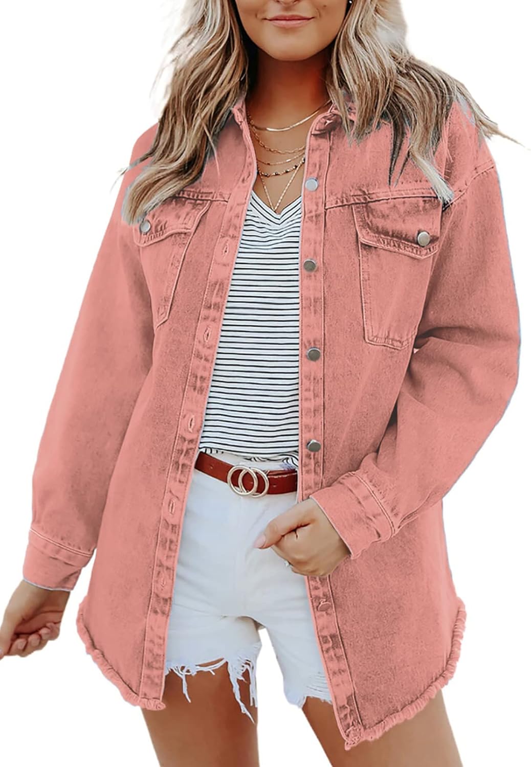 Dokotoo Women's Oversized Denim Jacket Casual Long Sleeve Denim Shirts Distresse Jean Jacket Fall Outfits 2025