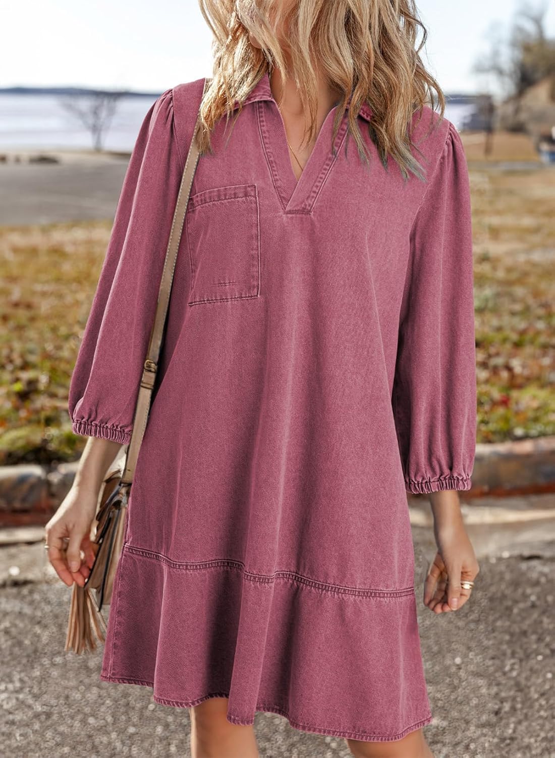 Dokotoo Denim Dress for Women Fashion Fall Casual Babydoll 2025 V Neck 3/4 Puff Sleeve Jean Dresses