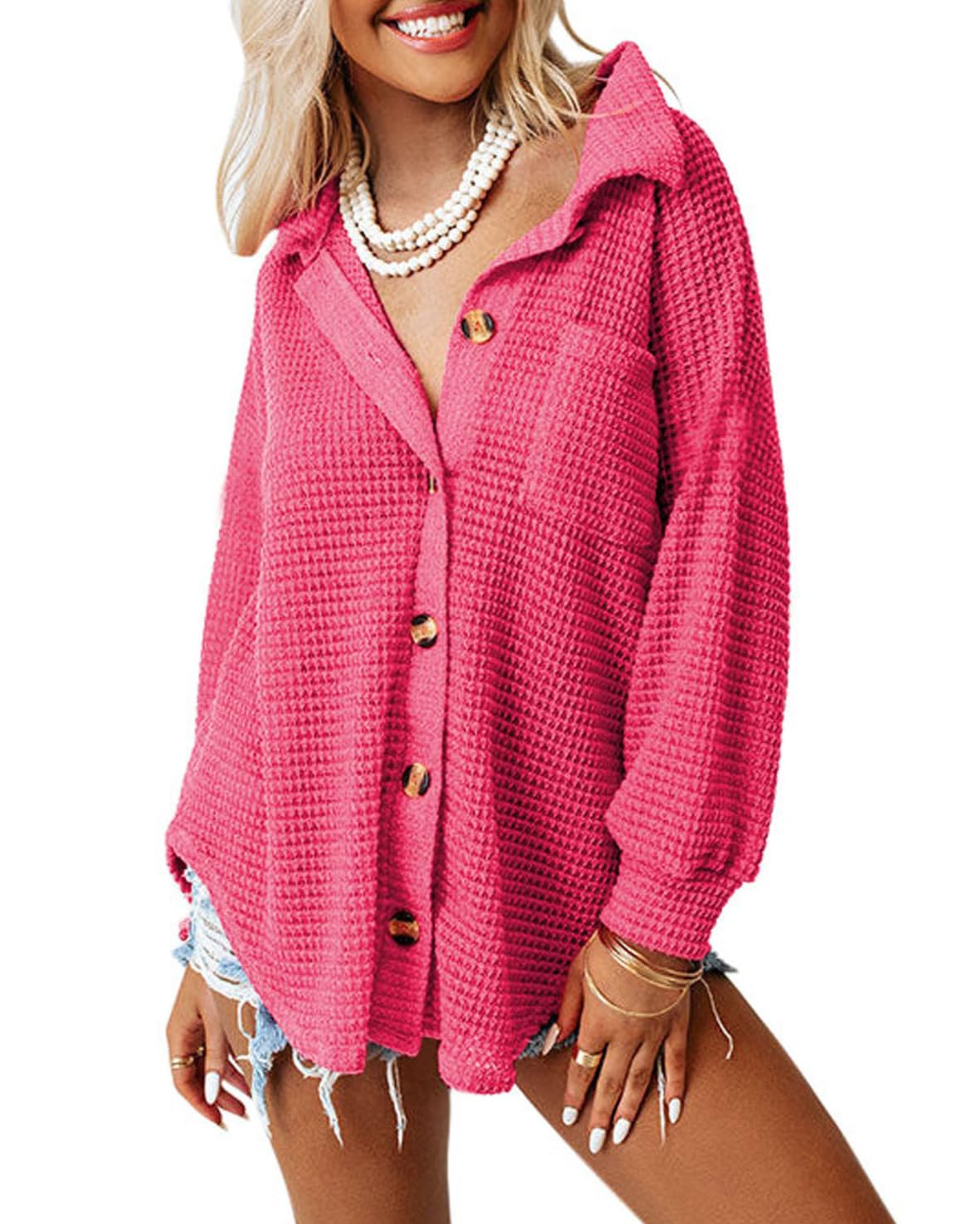 Dokotoo Womens Waffle Knit Shacket Jacket Casual Long Sleeve Button Down Shirts Dressy Blouses Tops