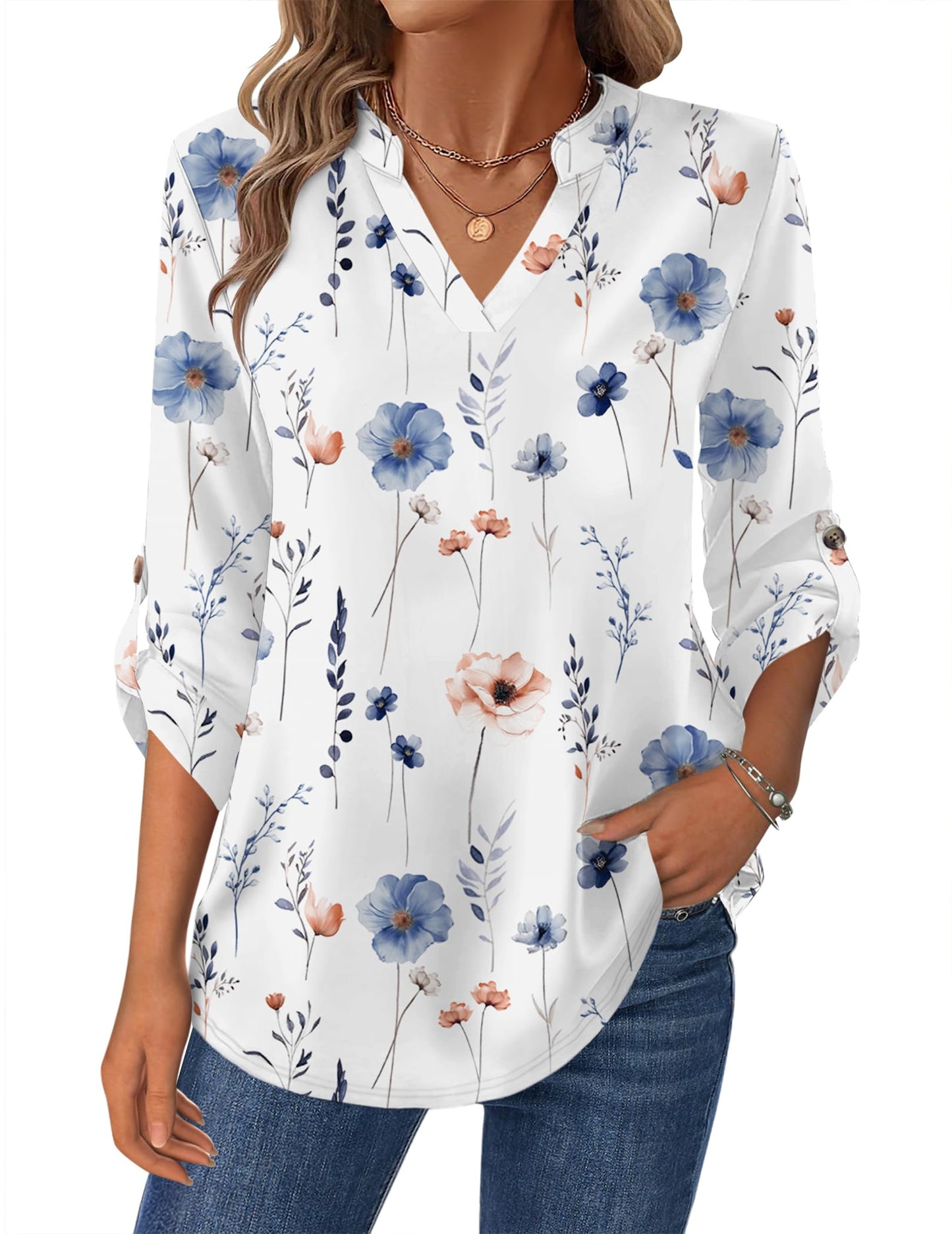 Zeagoo Womens Roll Up Long Sleeve Tops V Neck Shirts Dressy Casual Work Blouses S-2XL