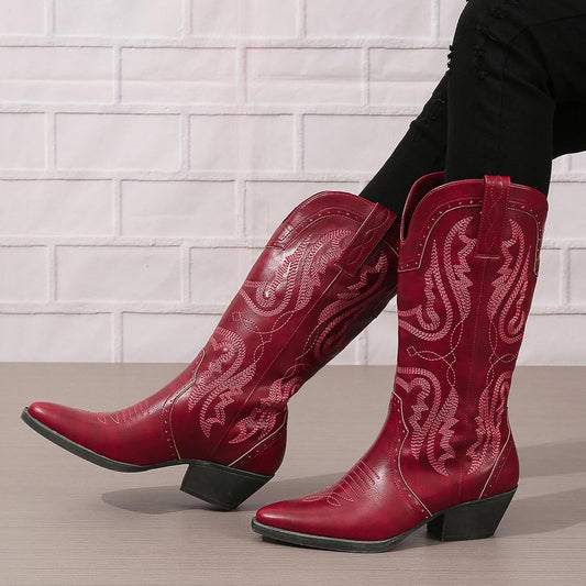 Cowboy Boots for Women Cowgirl Mid Calf Western Boots Embroidered Stitched Pointed Toe Chunky Block Heel Brown Red Black US5-11