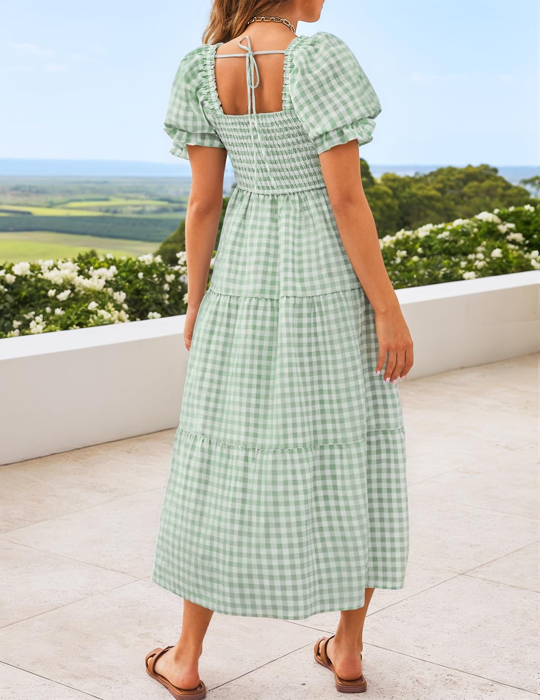 ZESICA Women's 2025 Bohemian Summer Plaid Square Neck Puff Sleeve Ruffle Flowy Beach Midi Dress