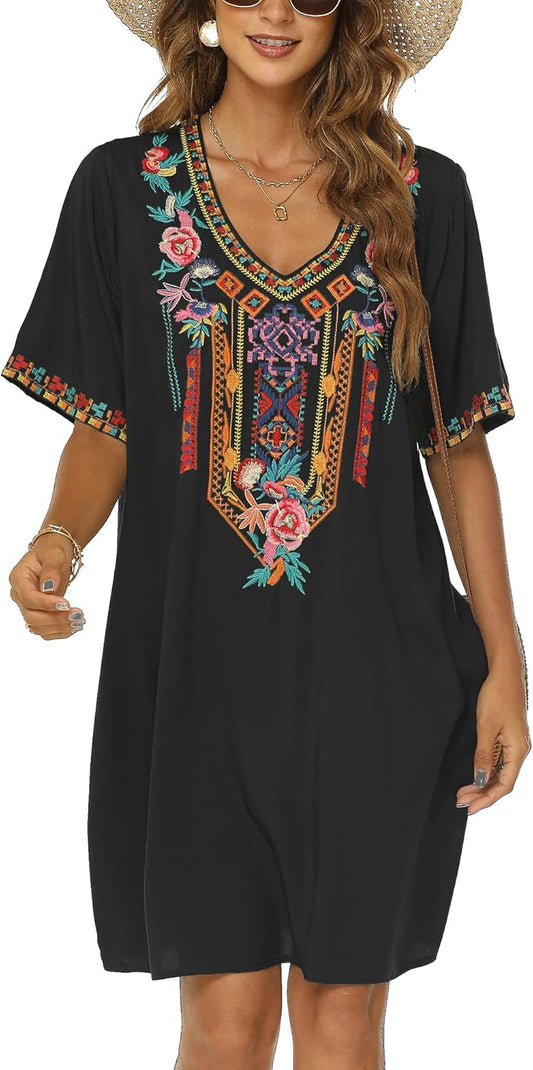 Grosy Women's Embroidered Mexican Peasant Dresses, Plus Size Fiesta Boho Dress for Women, Traditional Floral Bohemian Tunic