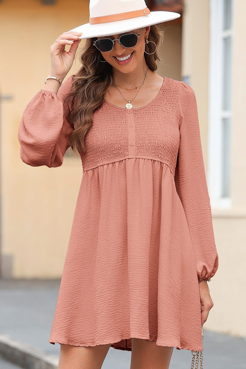 Dokotoo Womens 2025 Casual Dresses Smocked Crewneck Button Up Long Sleeve Empire Waist A-Line Mini Dress