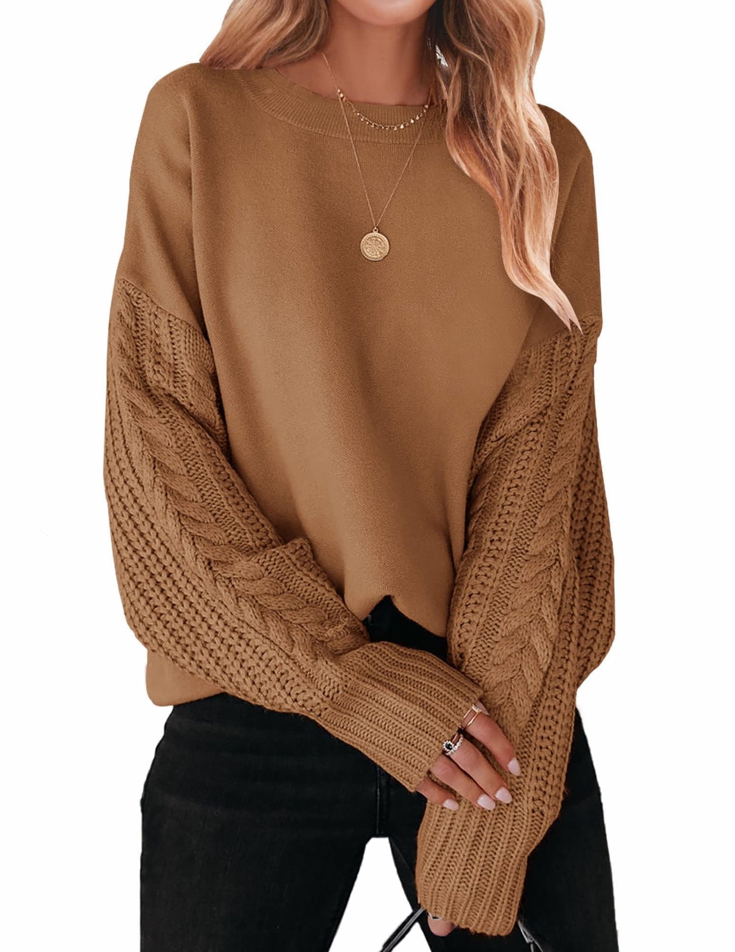 ZESICA Women's Fall Long Sleeve Crew Neck Solid Color Cable Knit Chunky Casual Oversized Pullover Sweater Tops