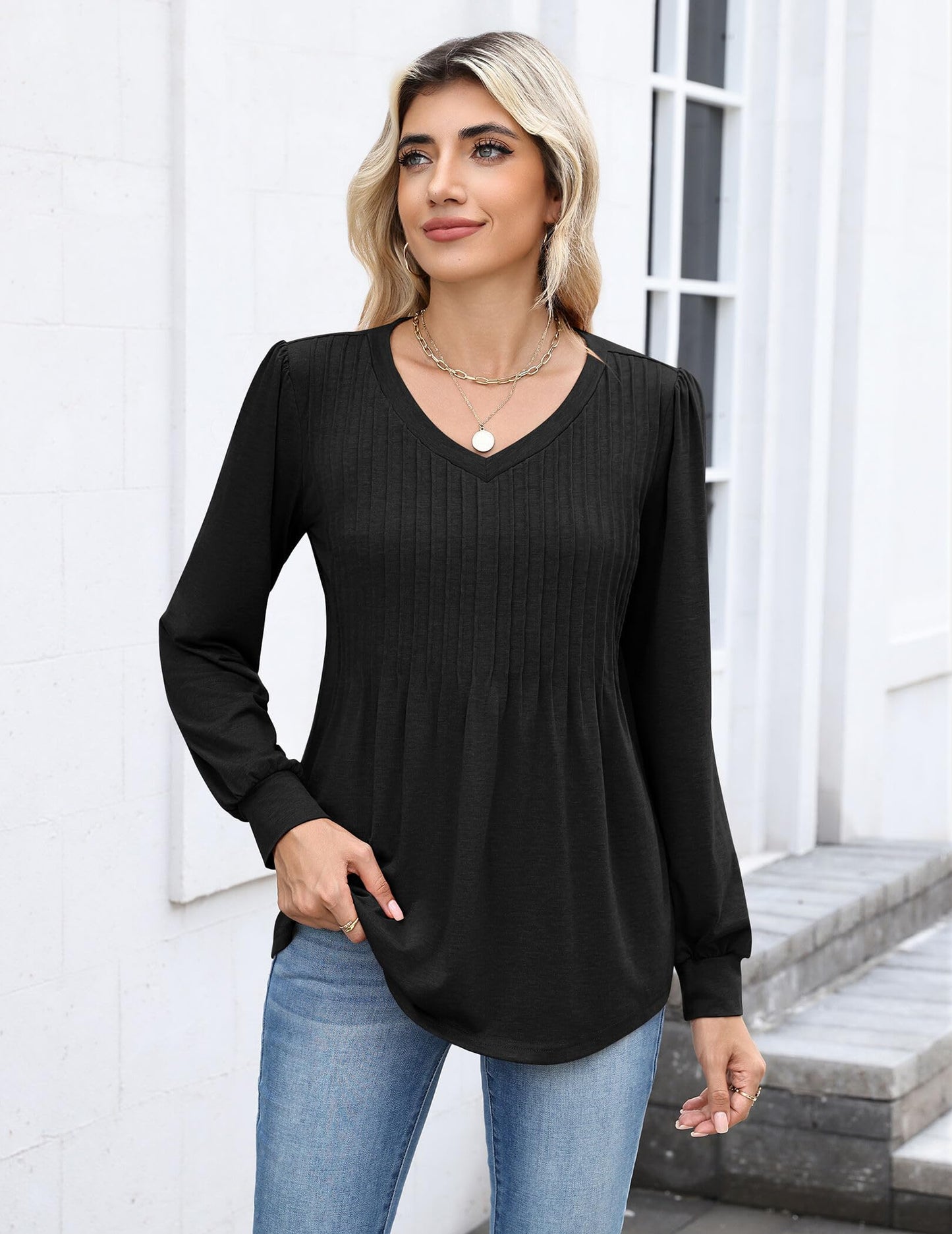 Zeagoo Long Sleeve Shirts for Women Casual V Neck Top Pleated Floral Boho Blouses 2025 Fall Tunics