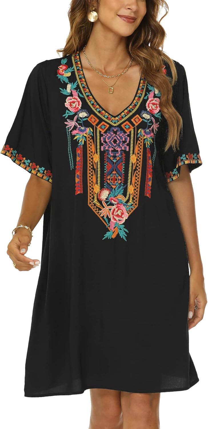 Grosy Women's Embroidered Mexican Peasant Dresses, Plus Size Fiesta Boho Dress for Women, Traditional Floral Bohemian Tunic