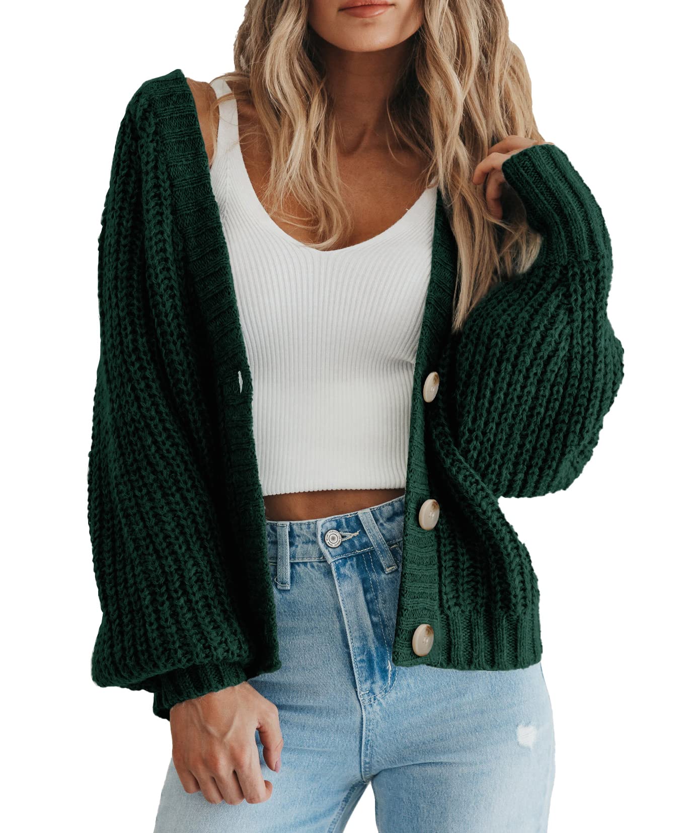PRETTYGARDEN Women's Chunky Knit Open Front Sweater Long Sleeve Button Loose Short Cardigan Outerwear Coats