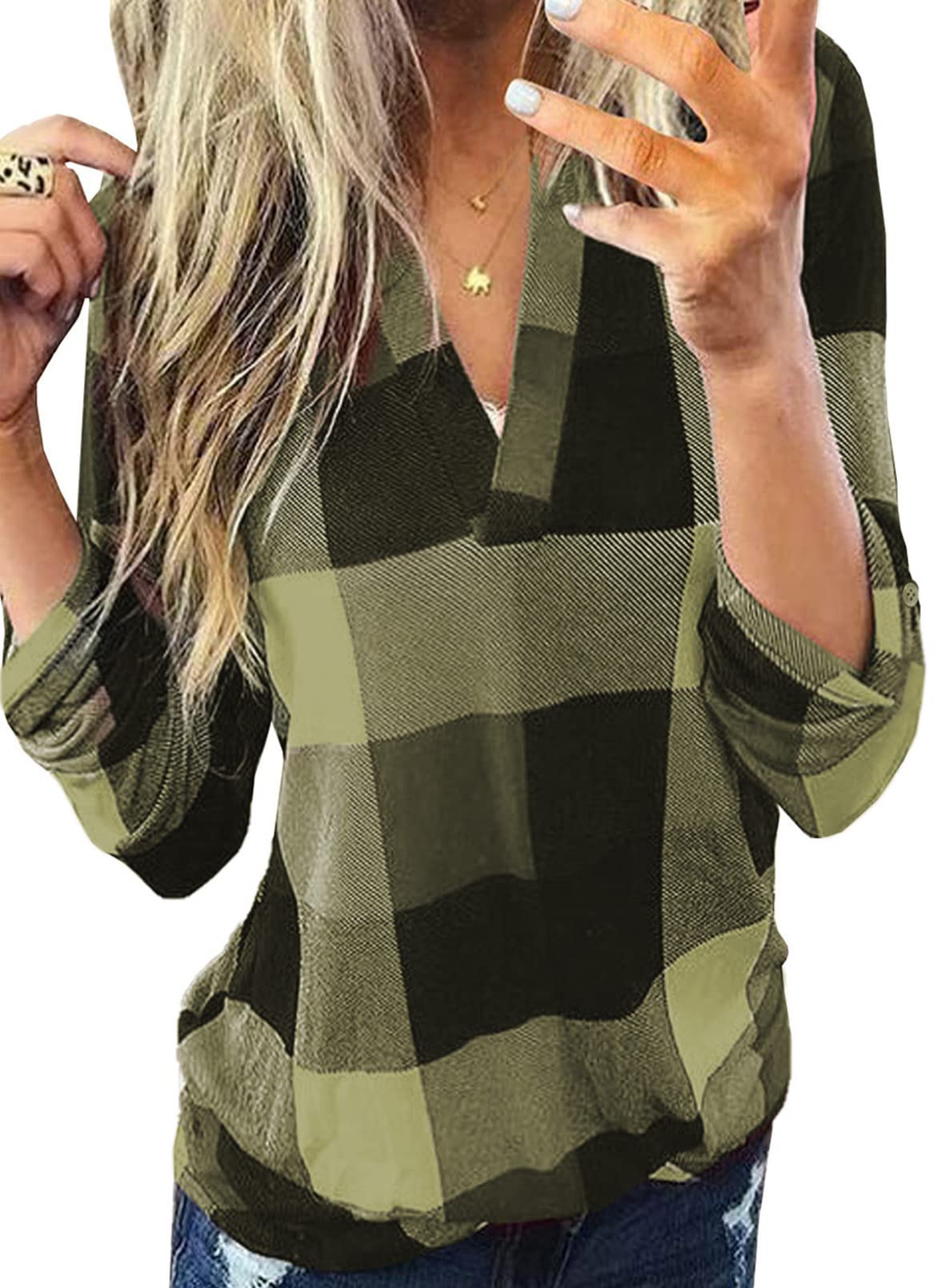 Dokotoo Womens Basic Casual V Neck Plaid Print Cuffed Long Sleeve Work Tops Blouses Shirts S-3XL