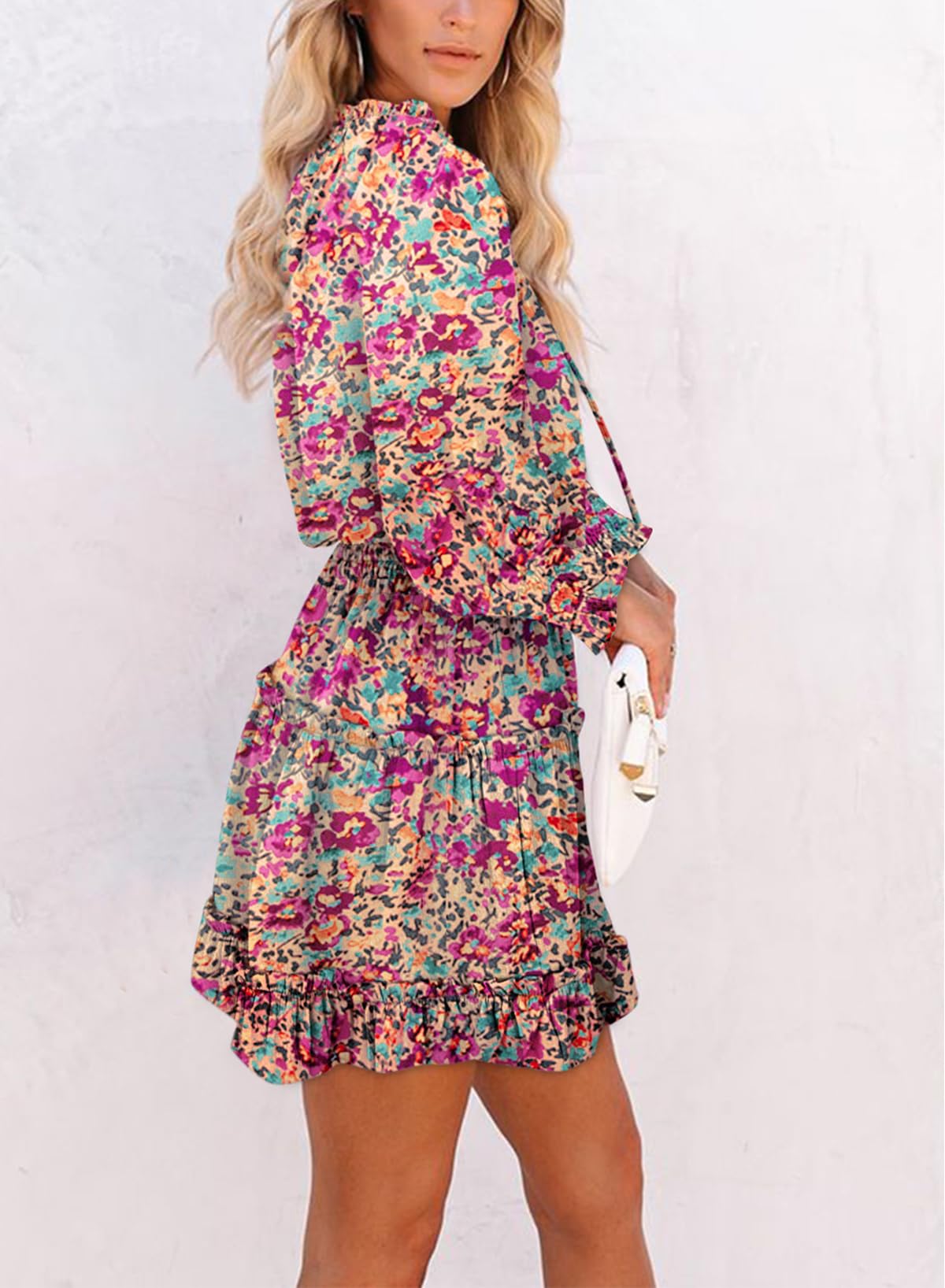 Dokotoo Fall Dresses for Women 2025 Boho Floral Drawstring V Neck Smocked Long Sleeve Ruffle Tiered Chiffon Mini Dress