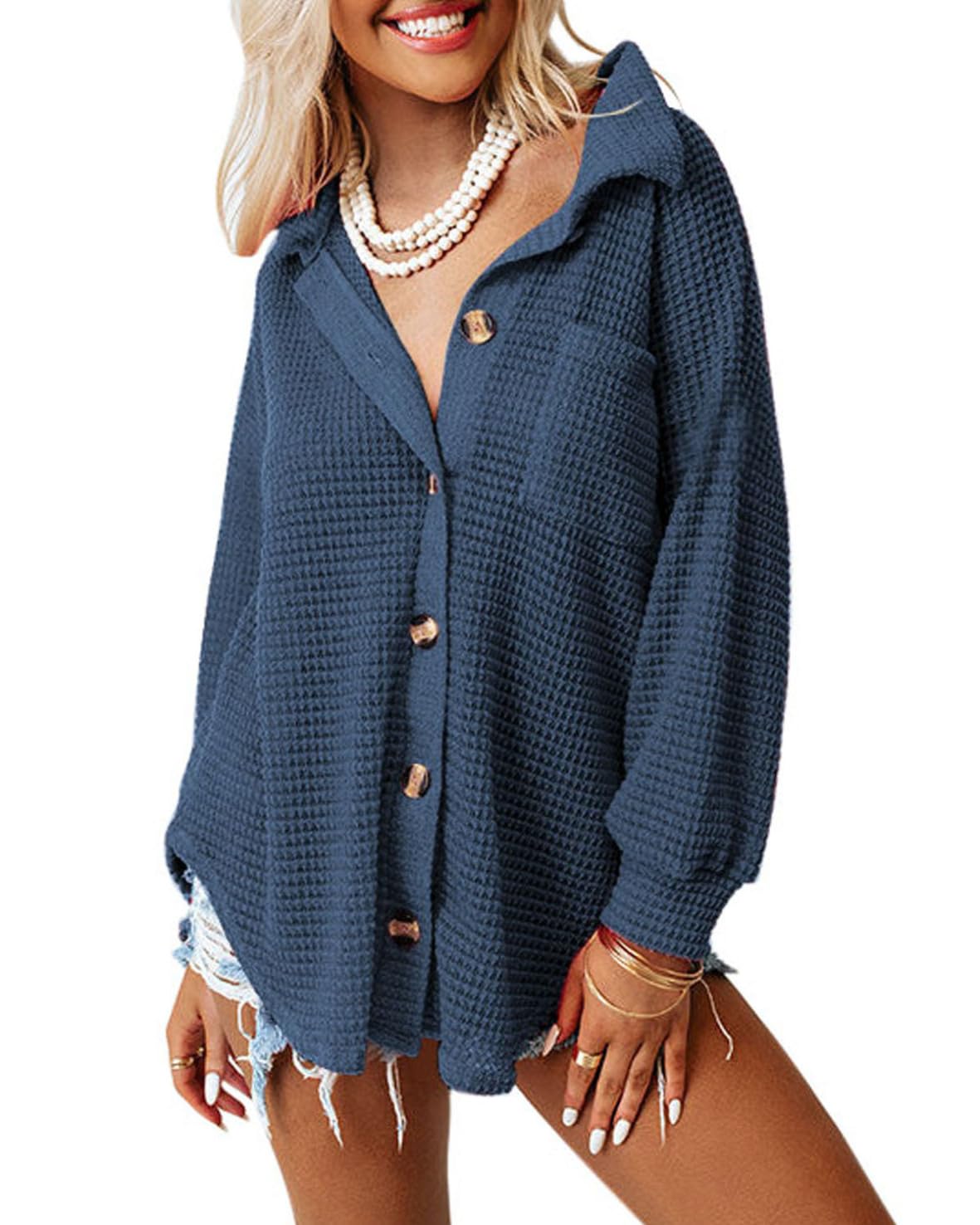 Dokotoo Womens Waffle Knit Shacket Jacket Casual Long Sleeve Button Down Shirts Dressy Blouses Tops