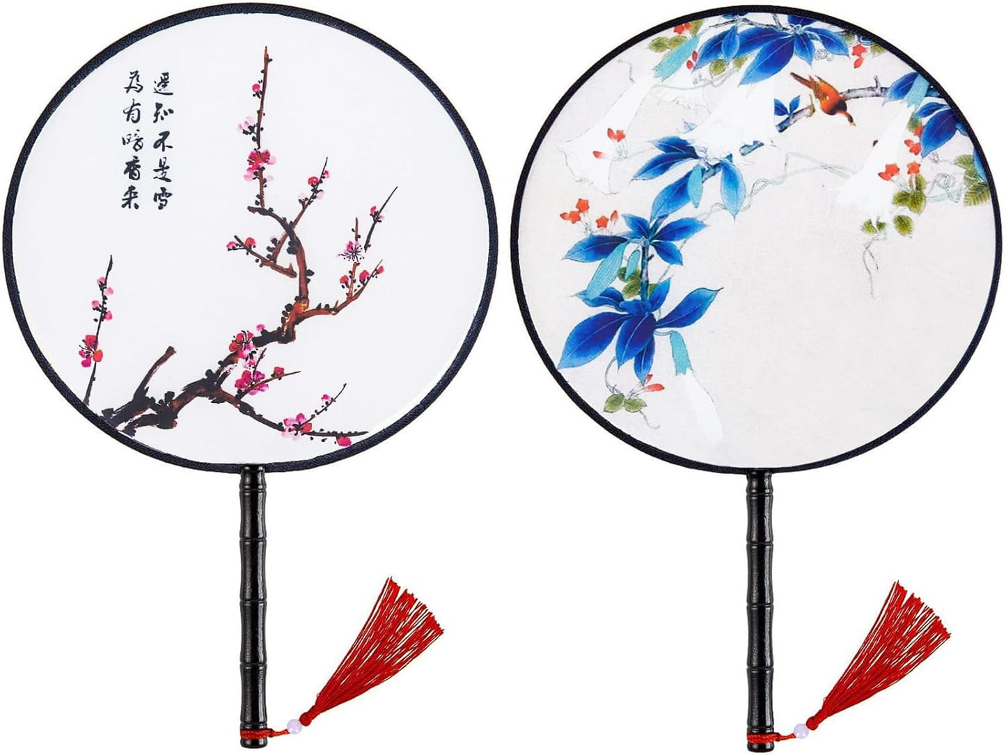 Waline 2 Pack Chinese Round Fan - Ancient Hand Fan With Translucent Silk, Pink Blue Traditional Palace Paddle Design, Vintage Double-Sided Pattern For Wedding Favor, Home Decor
