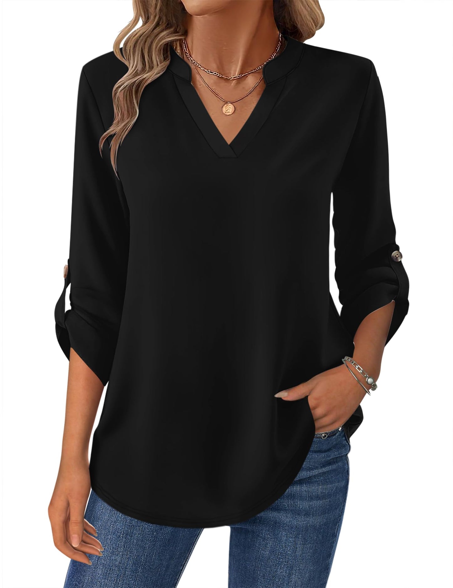 Zeagoo Womens Roll Up Long Sleeve Tops V Neck Shirts Dressy Casual Work Blouses S-2XL
