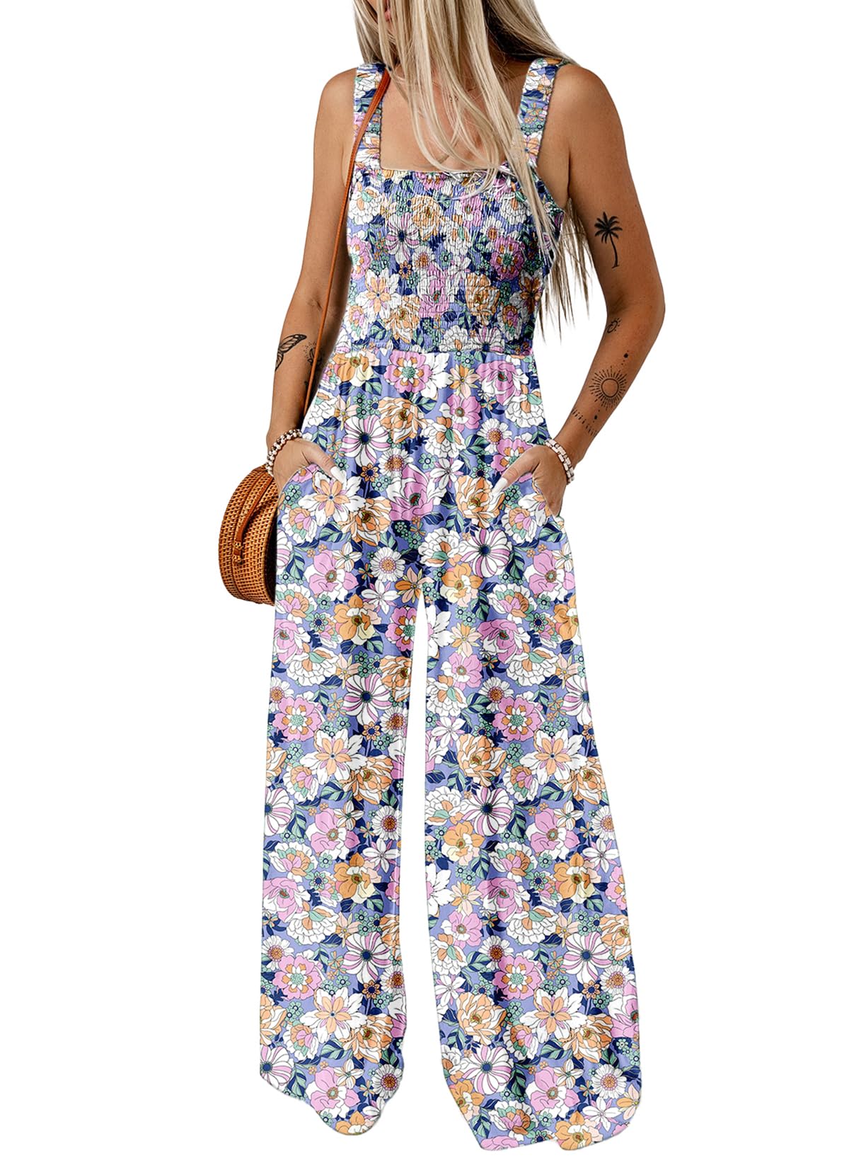 Dokotoo Women's Casual Loose Overalls Jumpsuits One Piece Sleeveless Printed Wide Leg Long Pant Rompers With Pockets