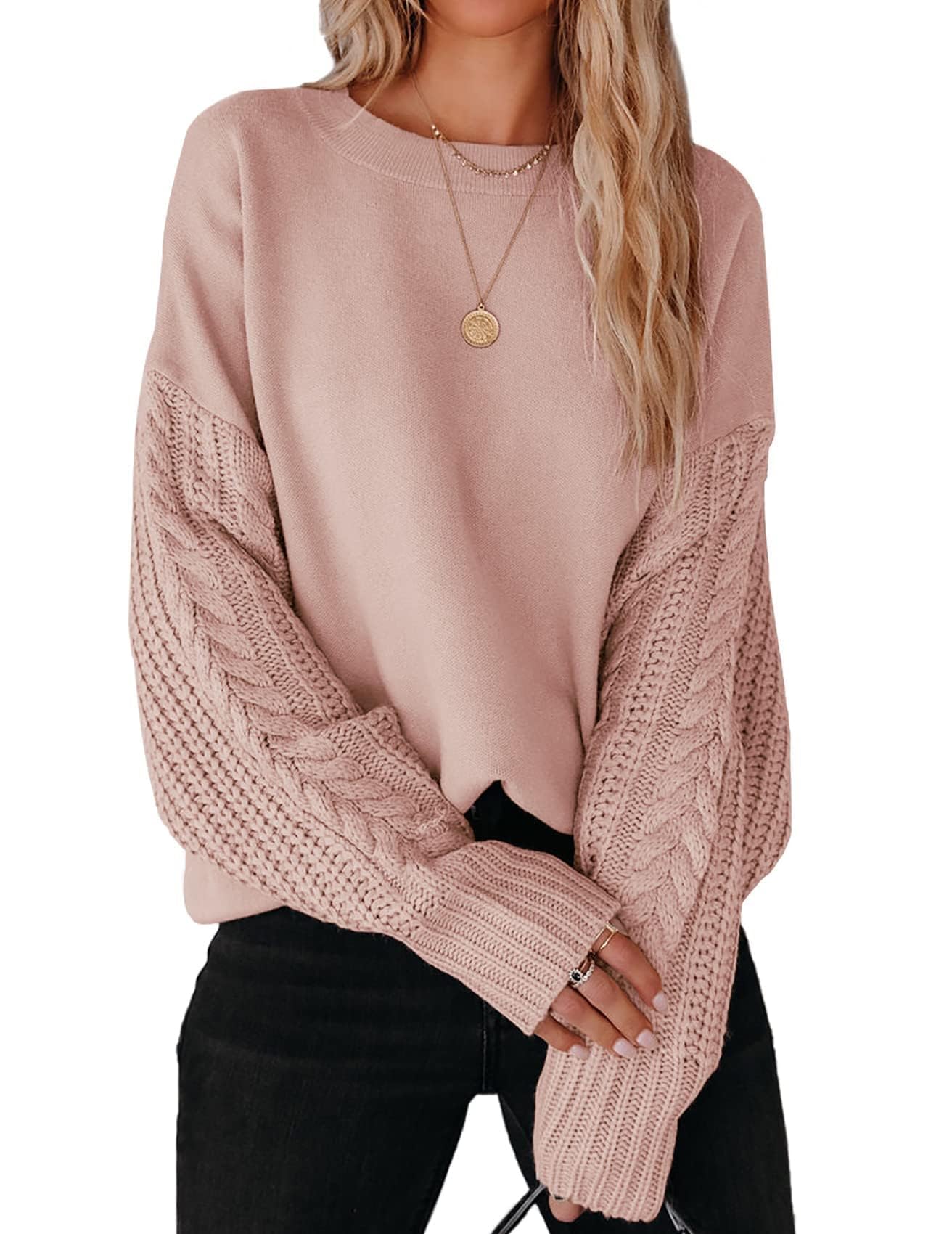 ZESICA Women's Fall Long Sleeve Crew Neck Solid Color Cable Knit Chunky Casual Oversized Pullover Sweater Tops