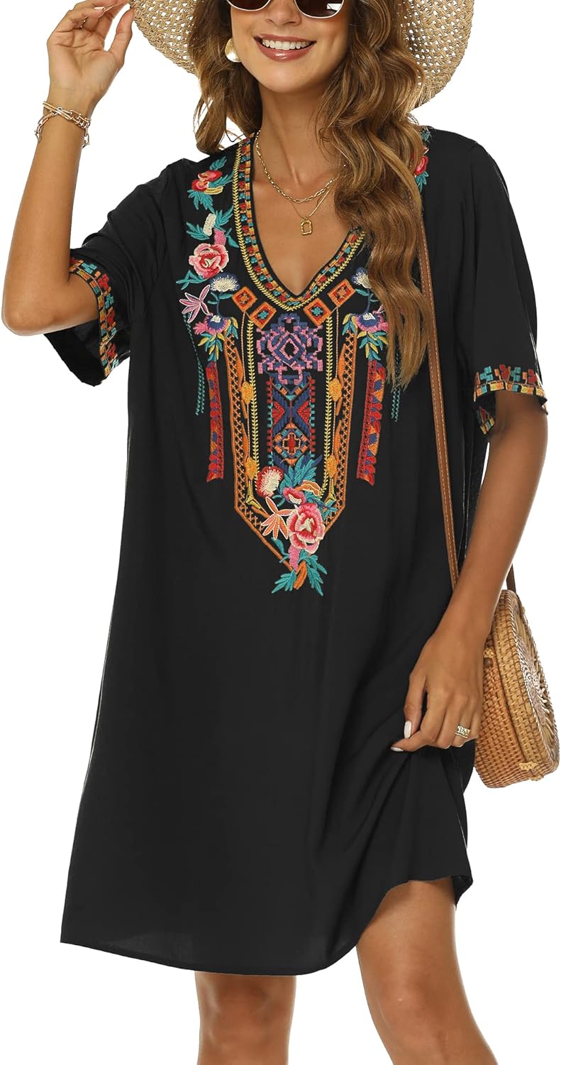 Grosy Women's Embroidered Mexican Peasant Dresses, Plus Size Fiesta Boho Dress for Women, Traditional Floral Bohemian Tunic
