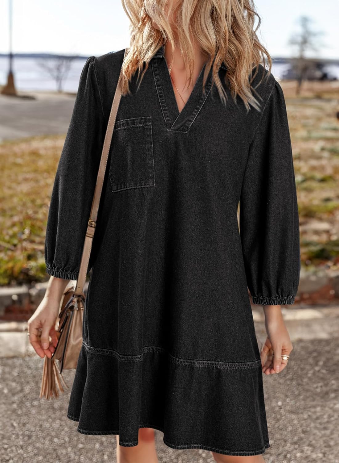 Dokotoo Denim Dress for Women Fashion Fall Casual Babydoll 2025 V Neck 3/4 Puff Sleeve Jean Dresses