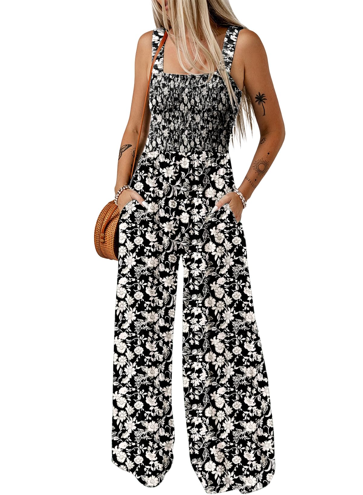 Dokotoo Women's Casual Loose Overalls Jumpsuits One Piece Sleeveless Printed Wide Leg Long Pant Rompers With Pockets