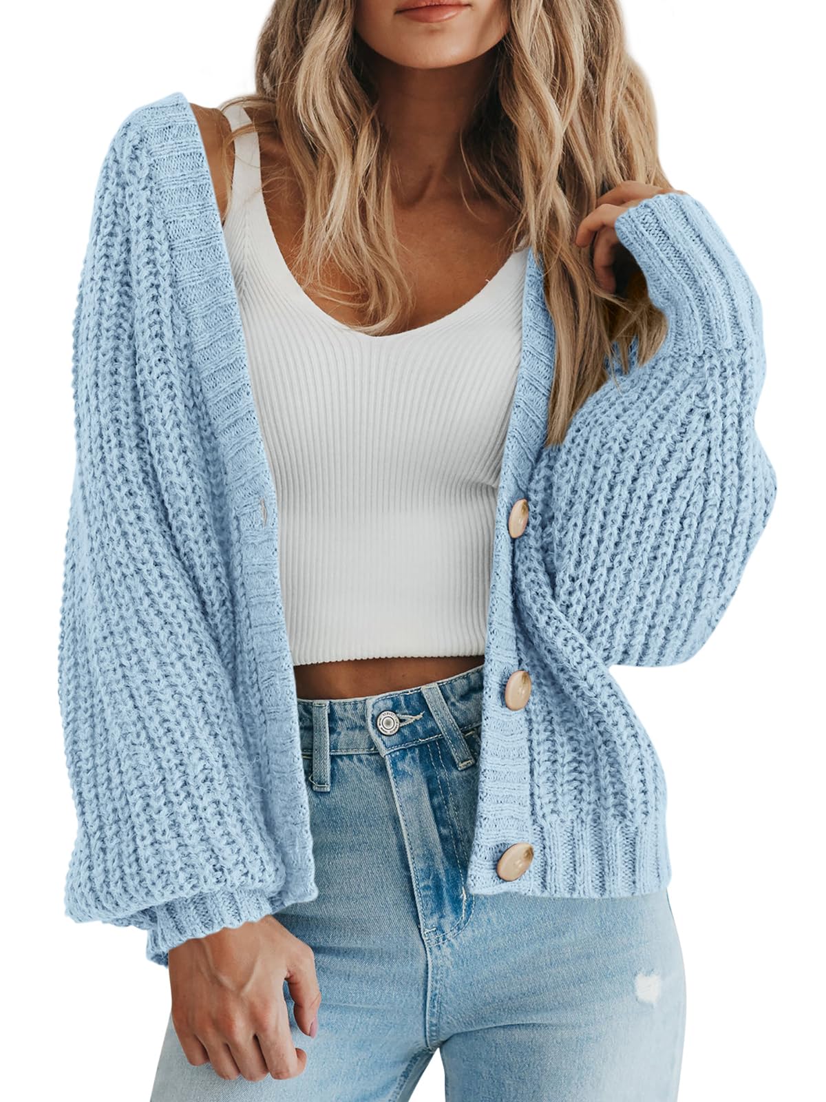 PRETTYGARDEN Women's Chunky Knit Open Front Sweater Long Sleeve Button Loose Short Cardigan Outerwear Coats
