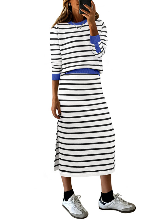 ANRABESS 2 Piece Skirts Sets For Women Fall Fashion 2025 Striped Sweater Midi Dress Knit Lounge Travel Outfits Winter Clothes