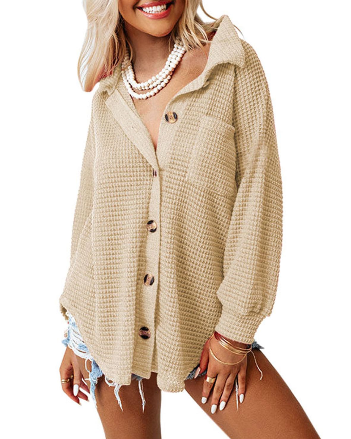 Dokotoo Womens Waffle Knit Shacket Jacket Casual Long Sleeve Button Down Shirts Dressy Blouses Tops