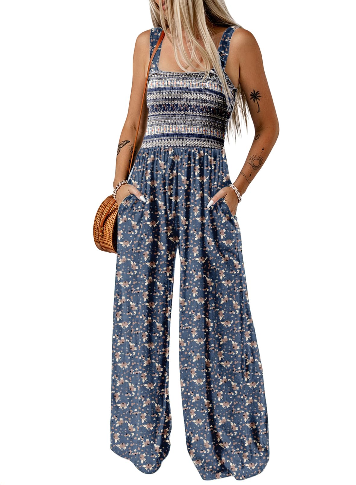 Dokotoo Women's Casual Loose Overalls Jumpsuits One Piece Sleeveless Printed Wide Leg Long Pant Rompers With Pockets