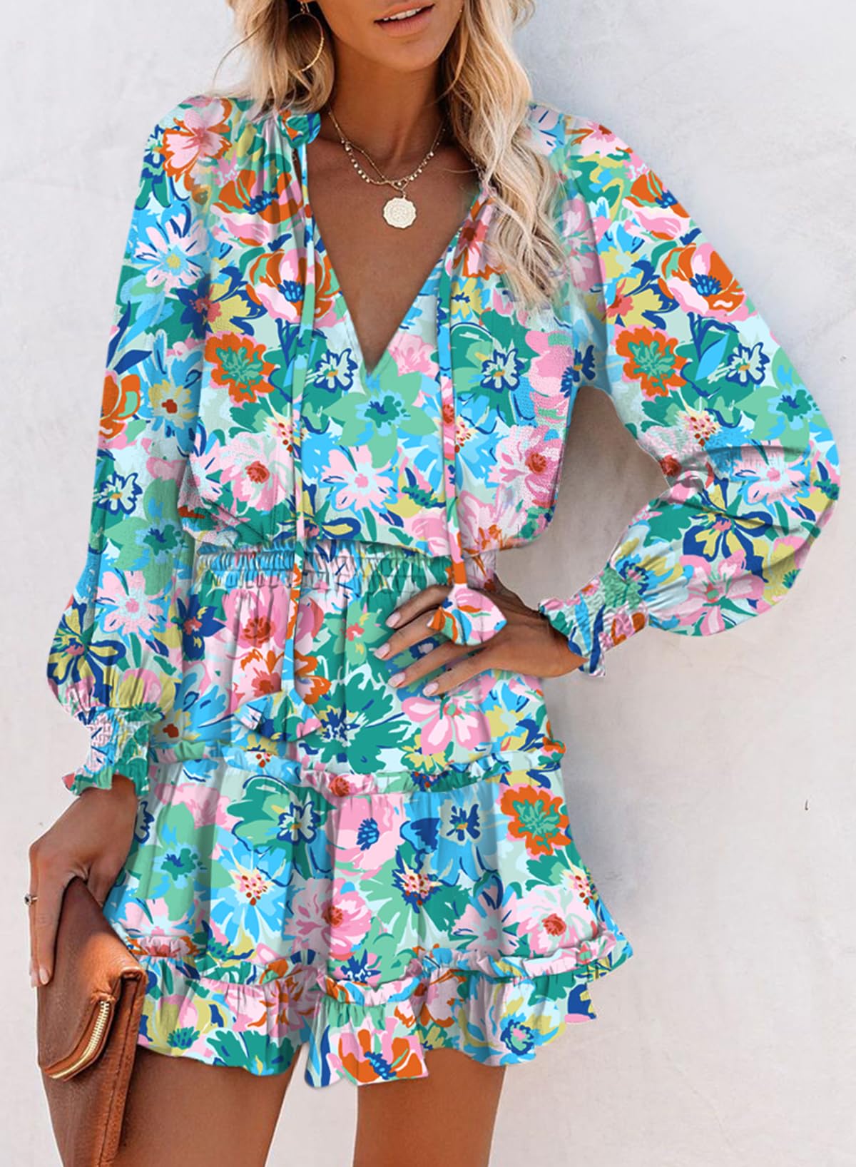Dokotoo Fall Dresses for Women 2025 Boho Floral Drawstring V Neck Smocked Long Sleeve Ruffle Tiered Chiffon Mini Dress