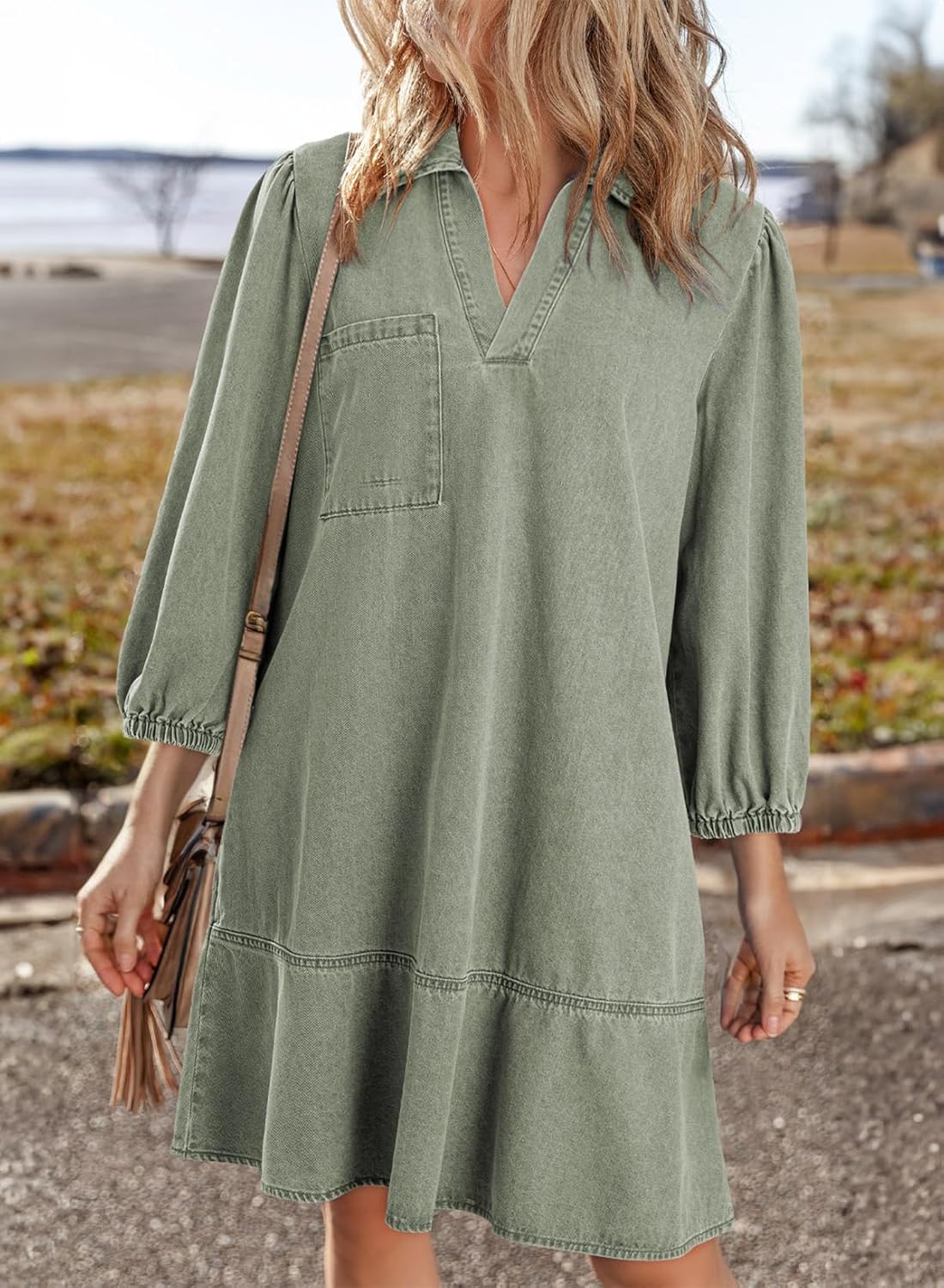 Dokotoo Denim Dress for Women Fashion Fall Casual Babydoll 2025 V Neck 3/4 Puff Sleeve Jean Dresses